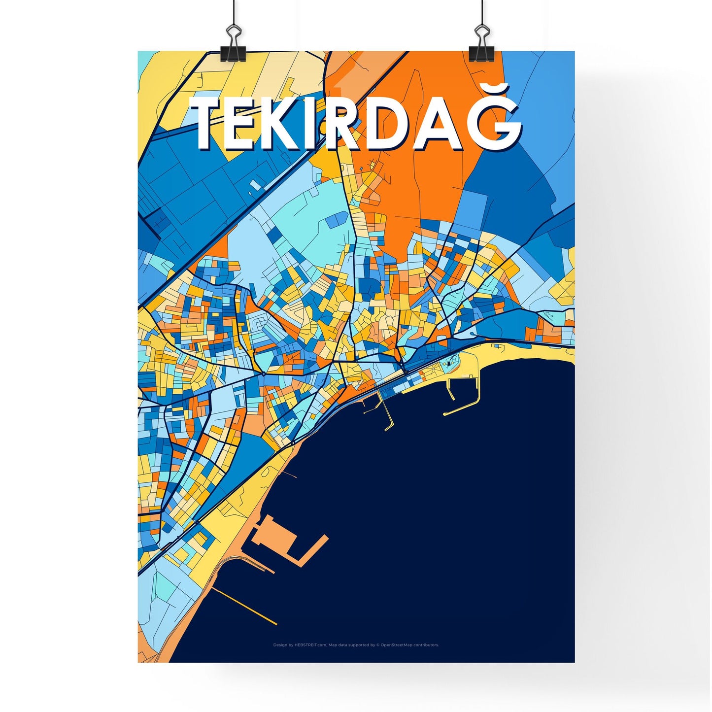 TEKIRDAĞ TURKEY Vibrant Colorful Art Map Poster Blue Orange