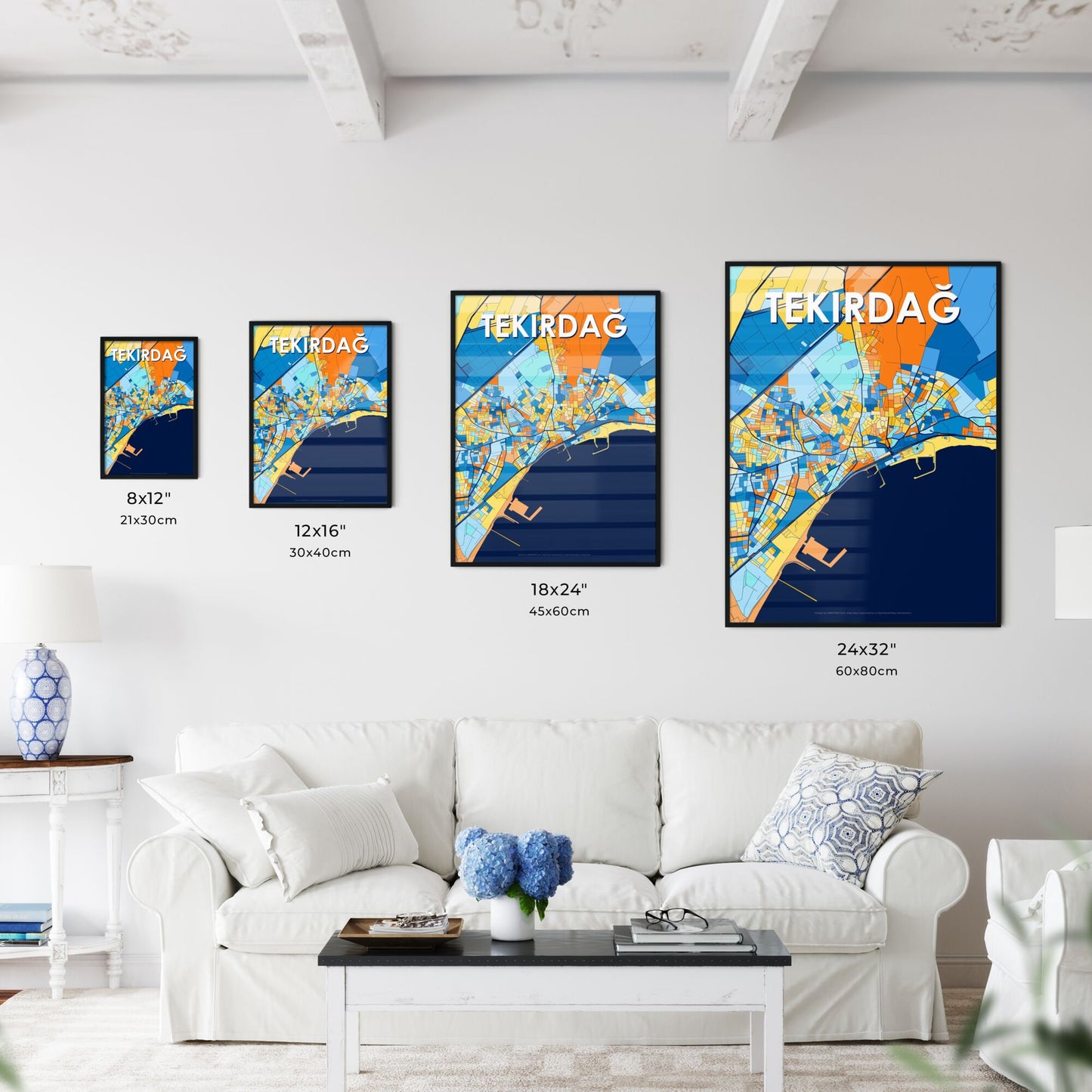 TEKIRDAĞ TURKEY Vibrant Colorful Art Map Poster Blue Orange