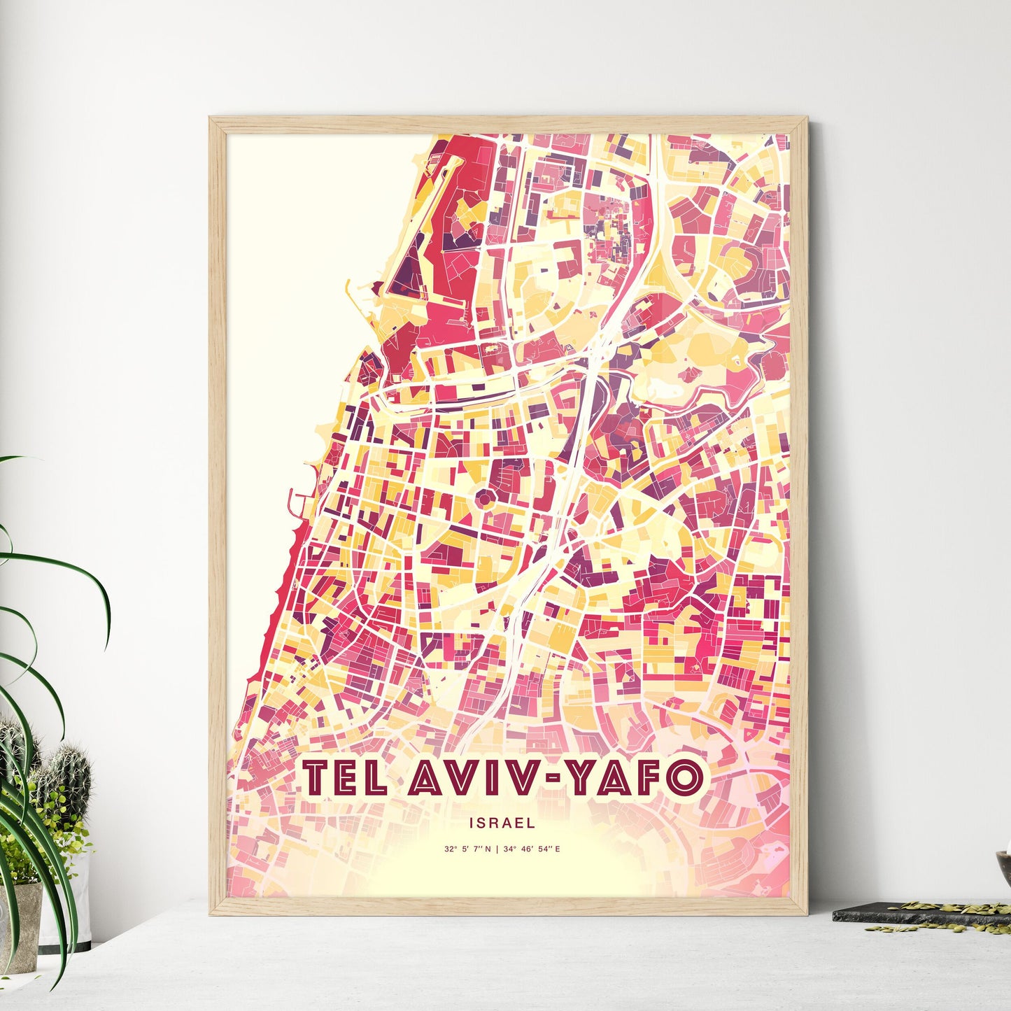 Colorful Tel Aviv-Yafo Israel Fine Art Map Hot Red