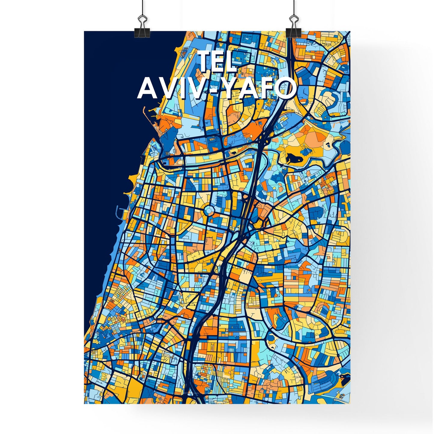 TEL AVIV-YAFO ISRAEL Vibrant Colorful Art Map Poster Blue Orange