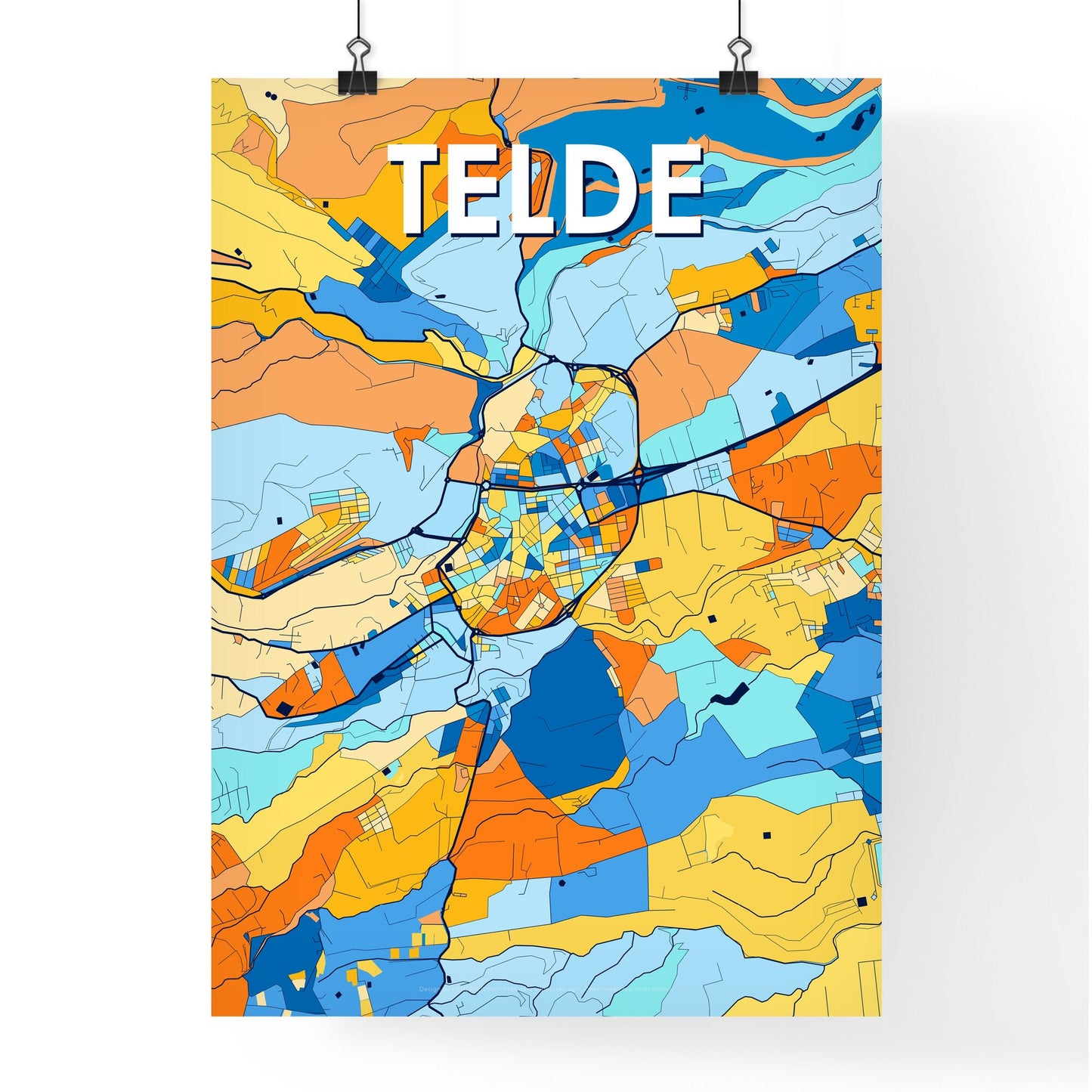 TELDE SPAIN Vibrant Colorful Art Map Poster Blue Orange