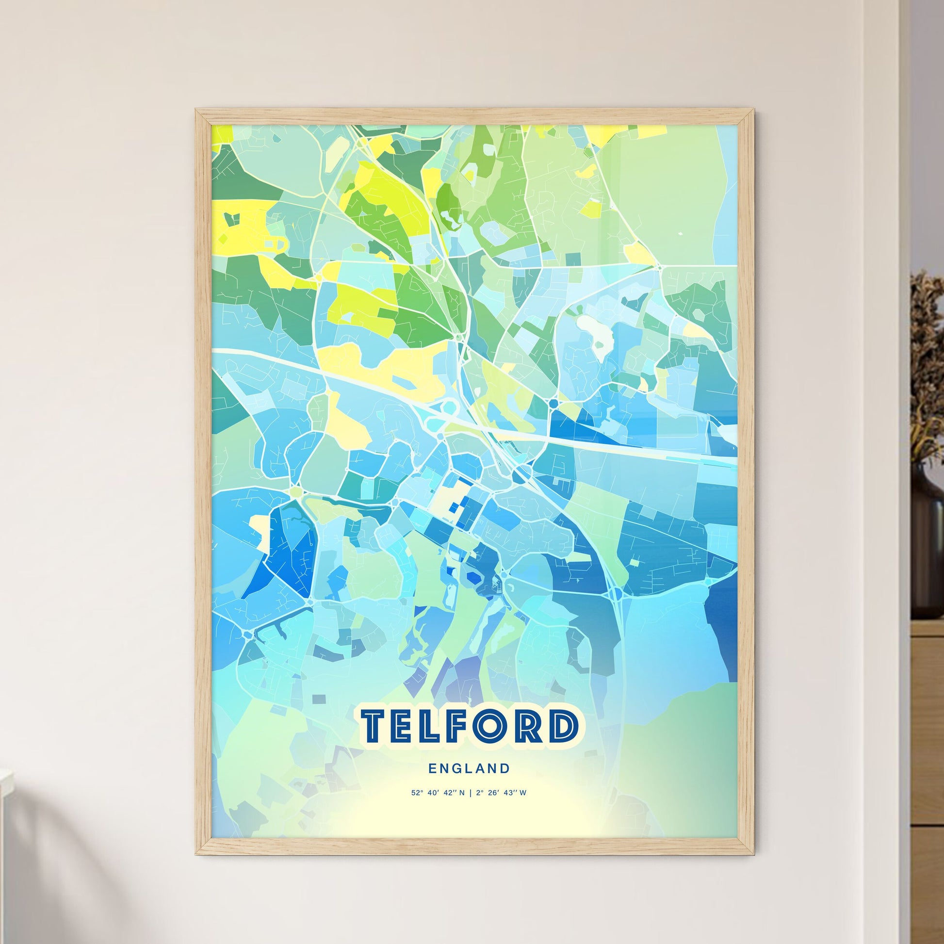 Colorful Telford England Fine Art Map Cool Blue