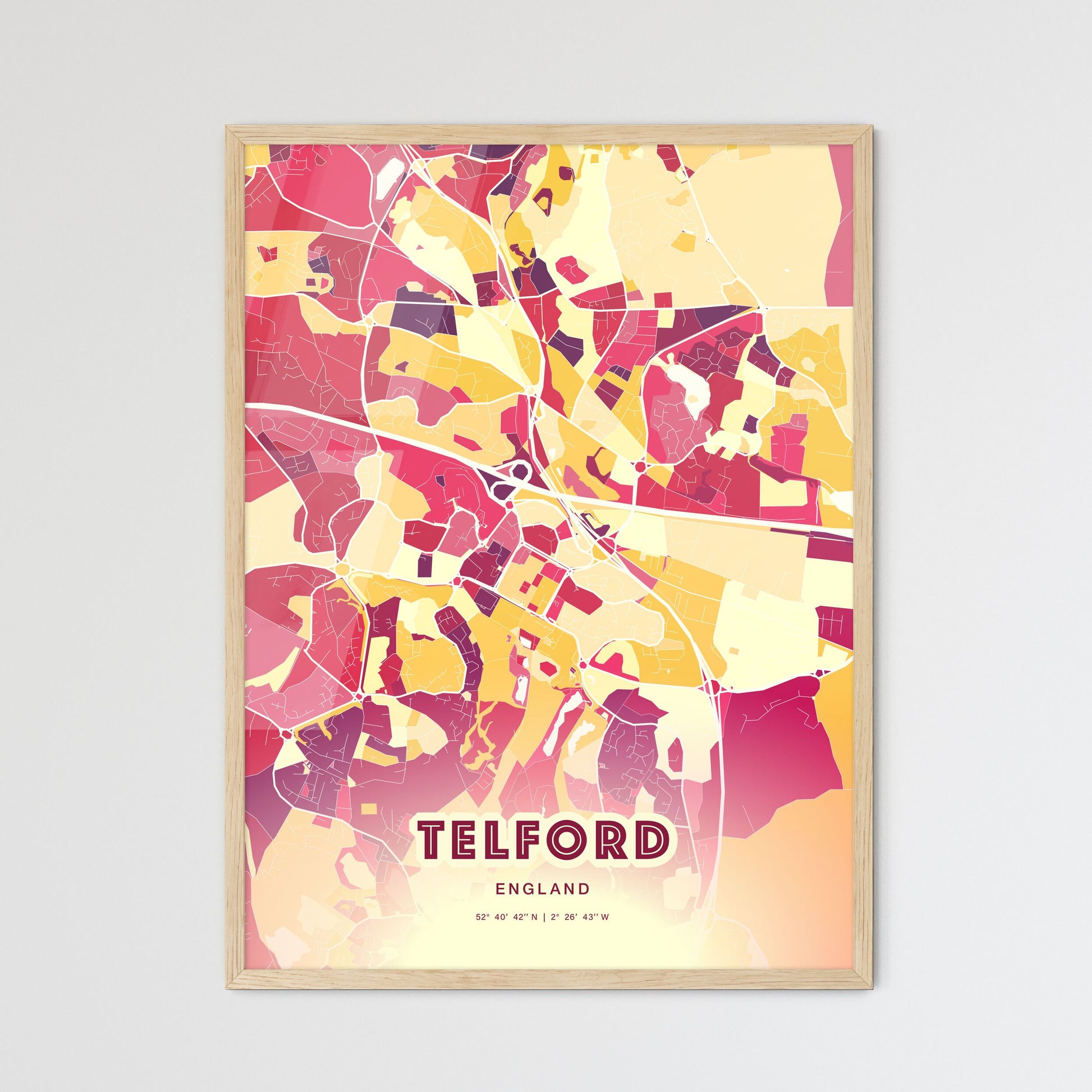 Colorful Telford England Fine Art Map Hot Red