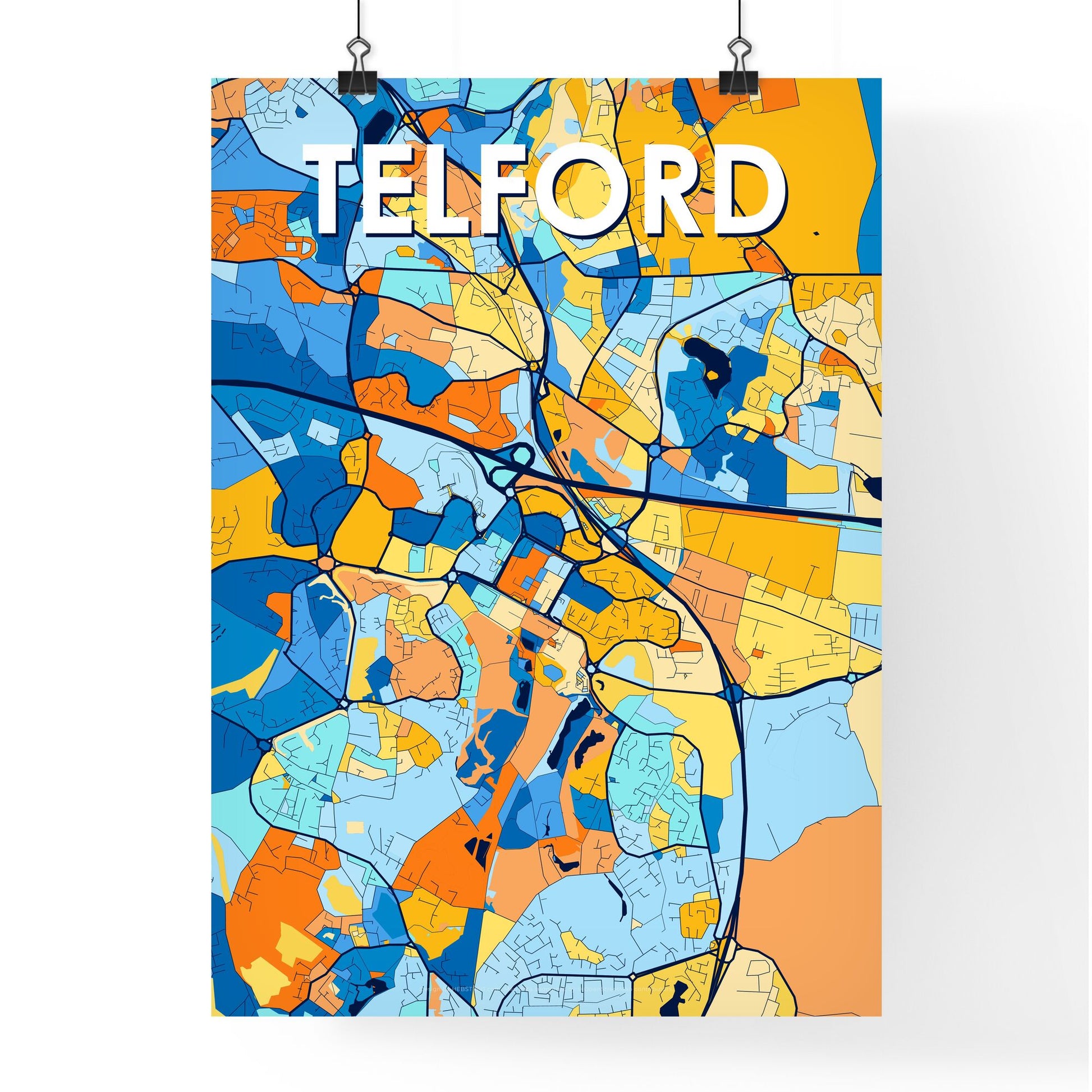 TELFORD ENGLAND Vibrant Colorful Art Map Poster Blue Orange