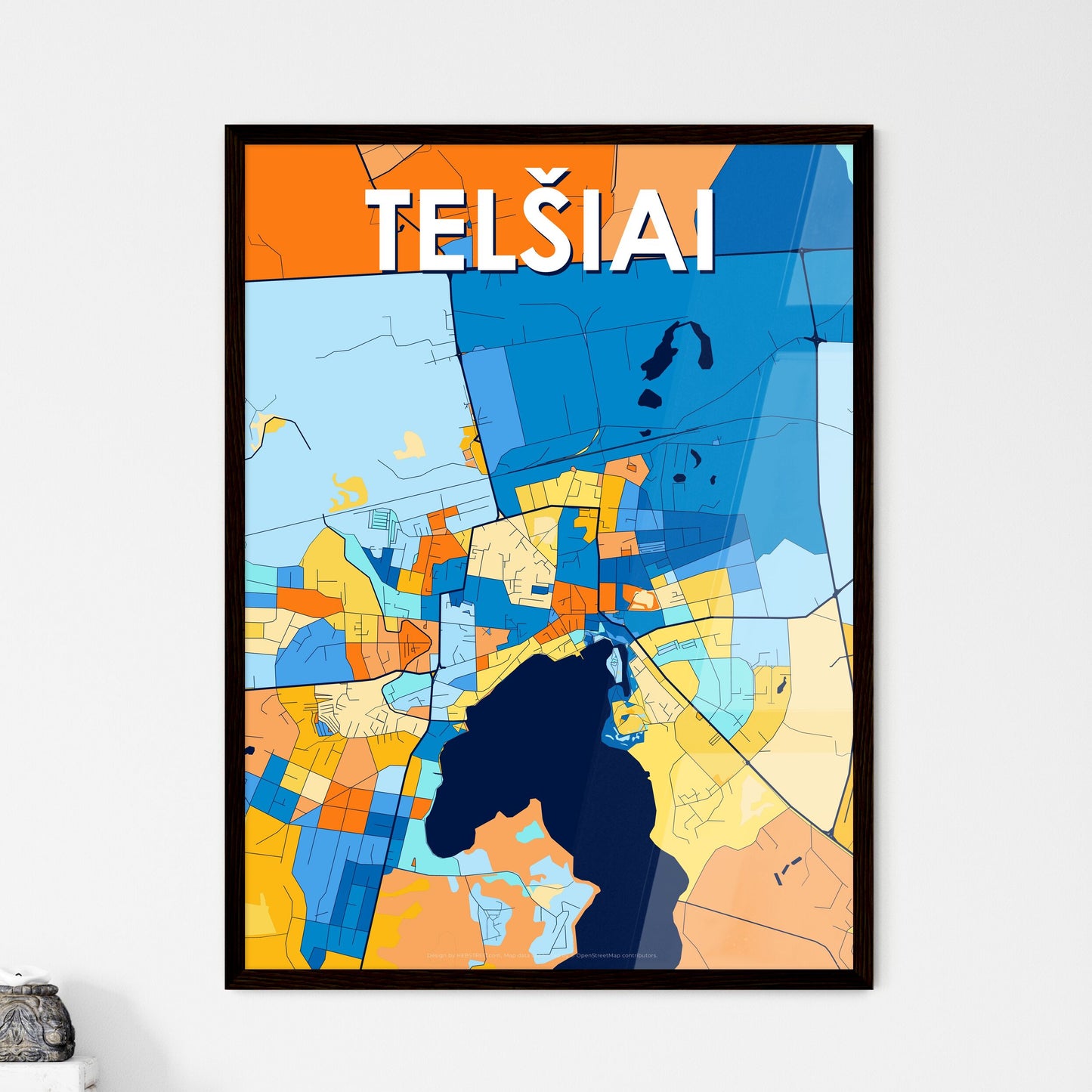 TELŠIAI LITHUANIA Vibrant Colorful Art Map Poster Blue Orange