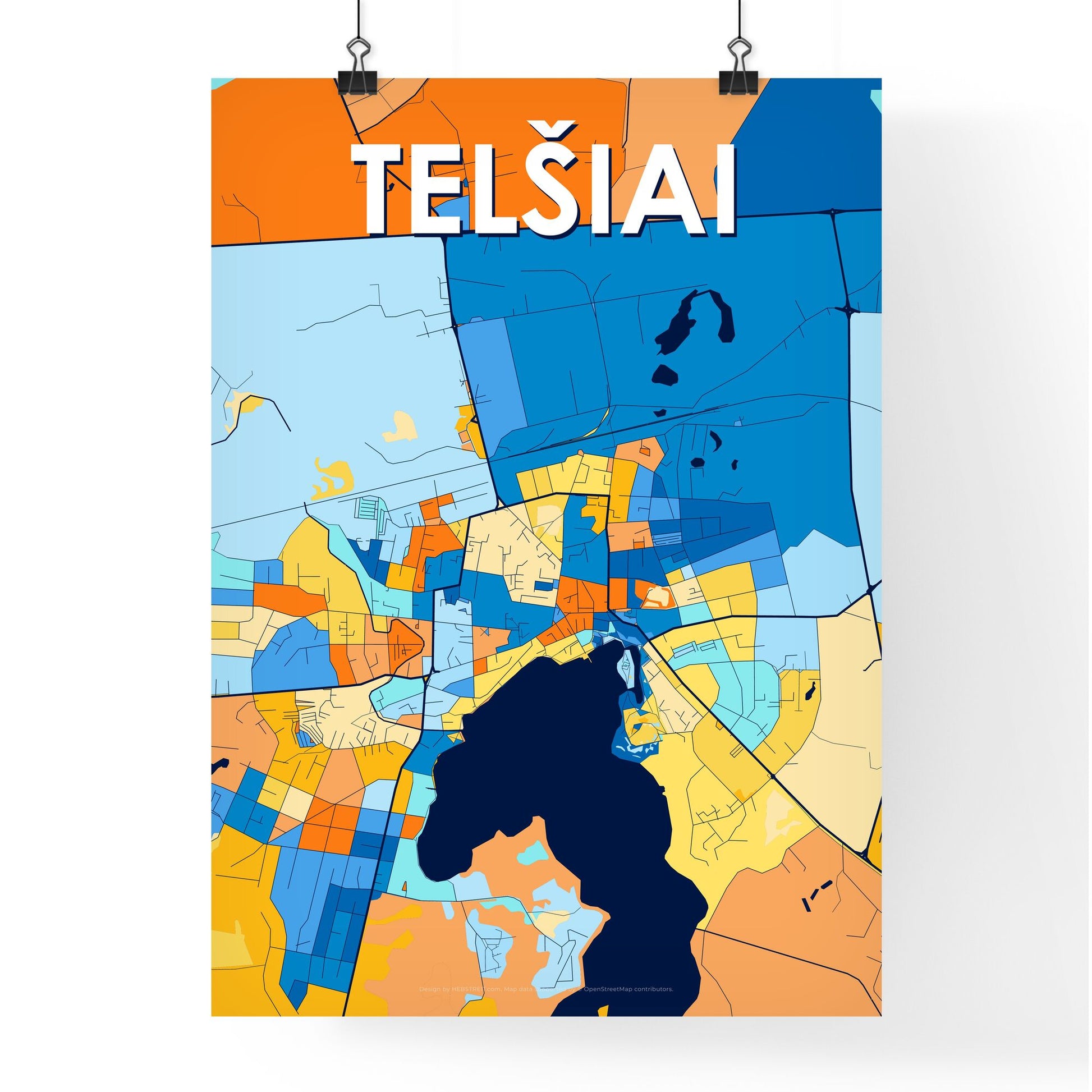 TELŠIAI LITHUANIA Vibrant Colorful Art Map Poster Blue Orange