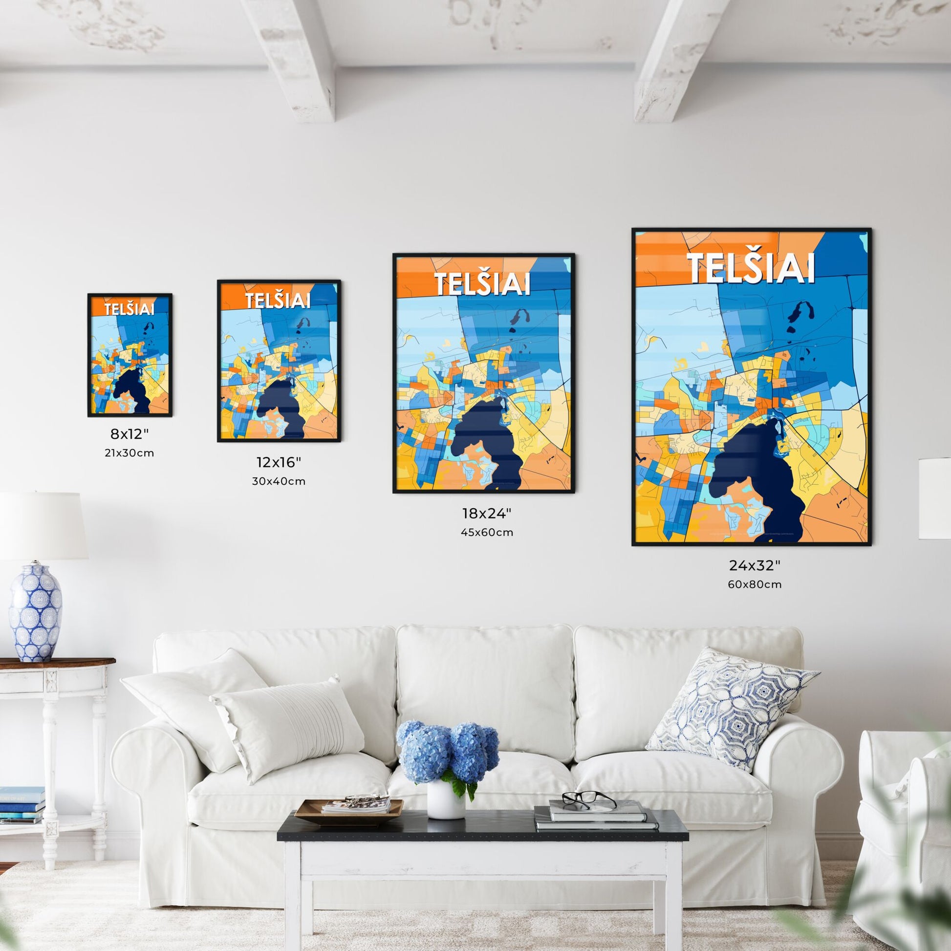 TELŠIAI LITHUANIA Vibrant Colorful Art Map Poster Blue Orange