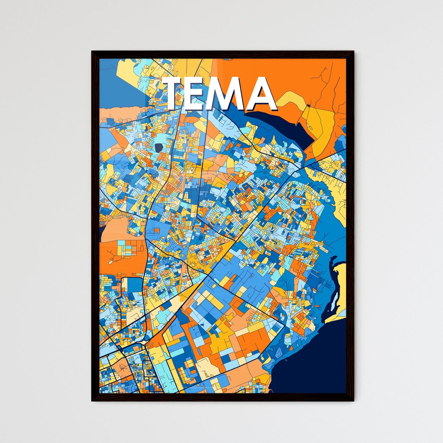 TEMA GHANA Vibrant Colorful Art Map Poster Blue Orange