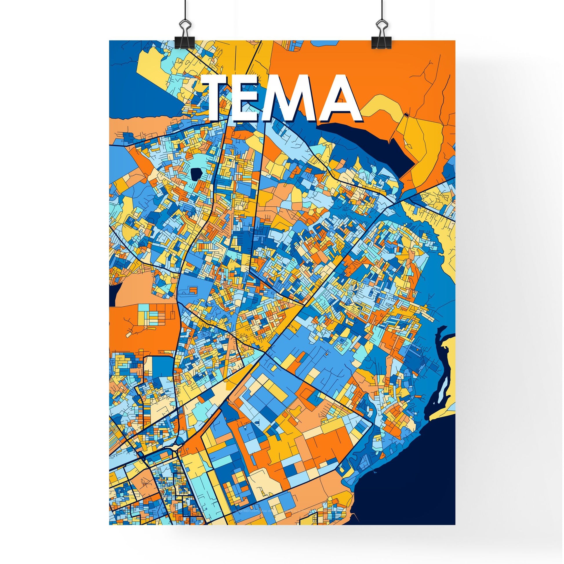 TEMA GHANA Vibrant Colorful Art Map Poster Blue Orange