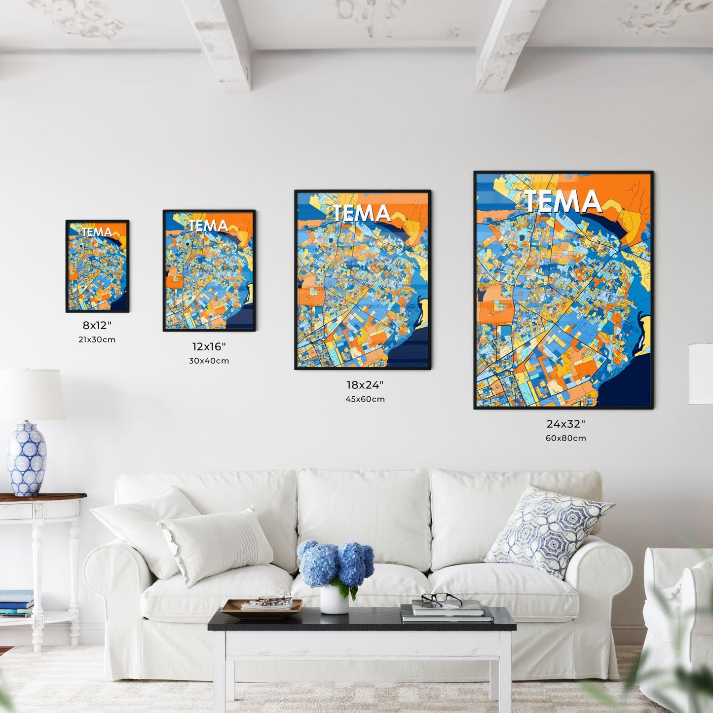 TEMA GHANA Vibrant Colorful Art Map Poster Blue Orange