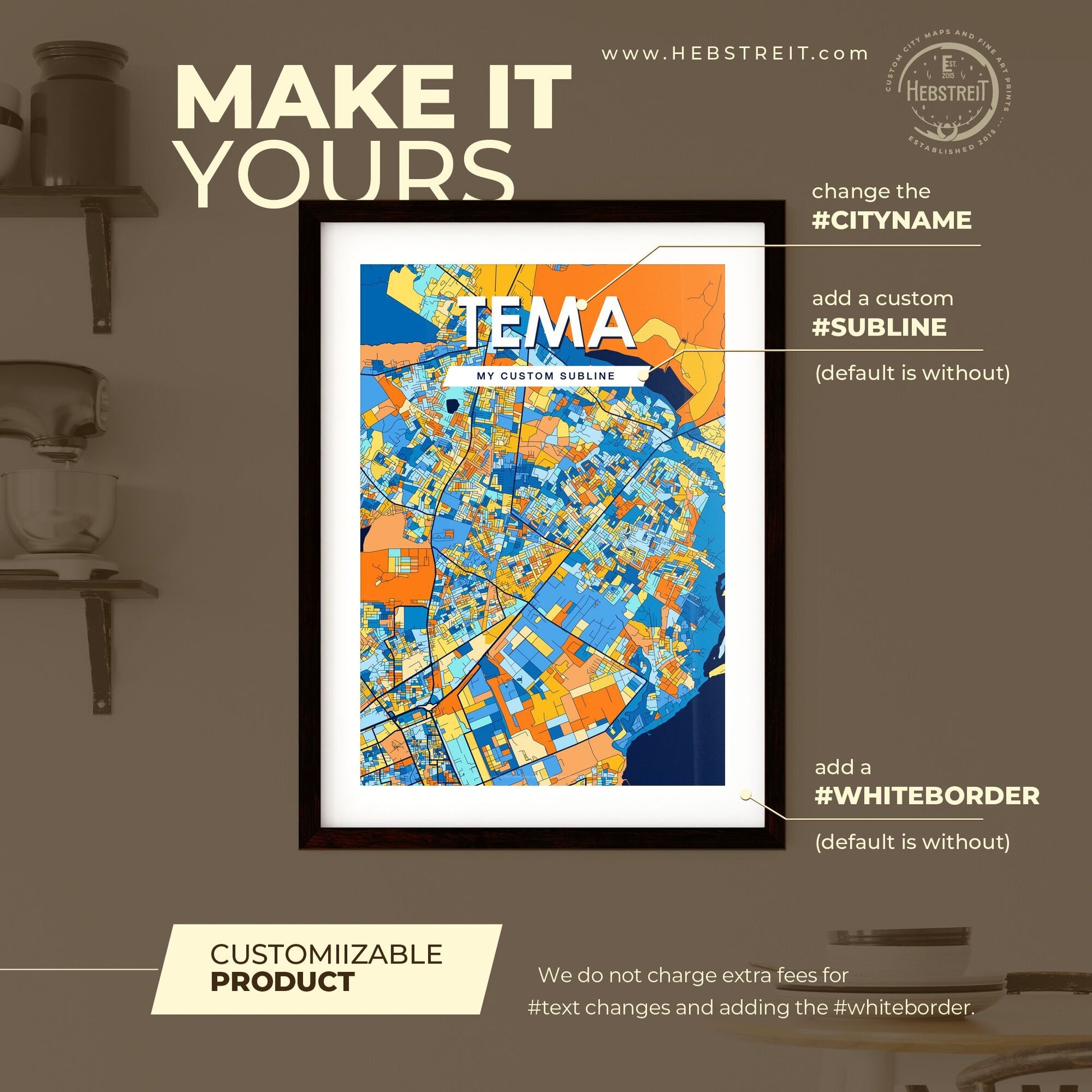 TEMA GHANA Vibrant Colorful Art Map Poster Blue Orange