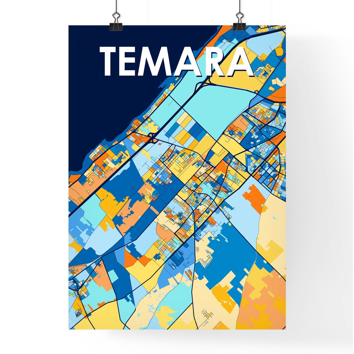 TEMARA MOROCCO Vibrant Colorful Art Map Poster Blue Orange