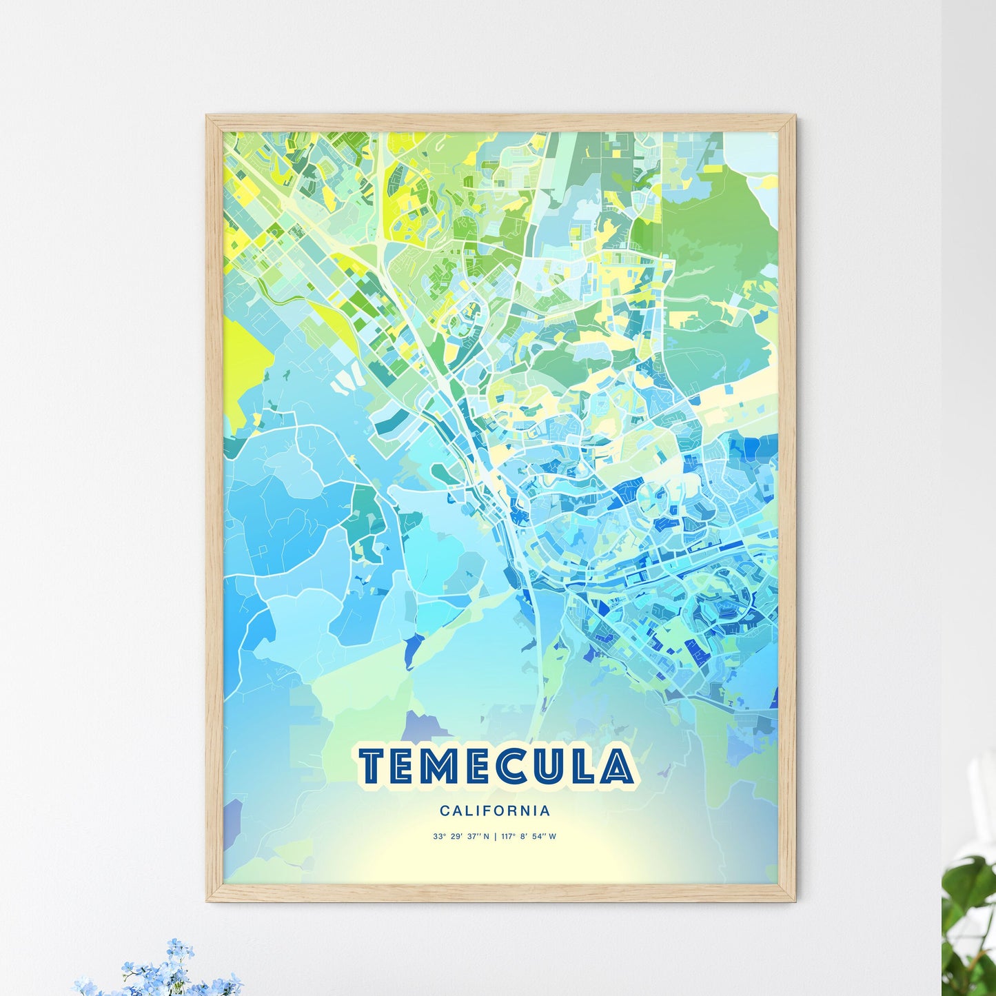 Colorful Temecula California Fine Art Map Cool Blue