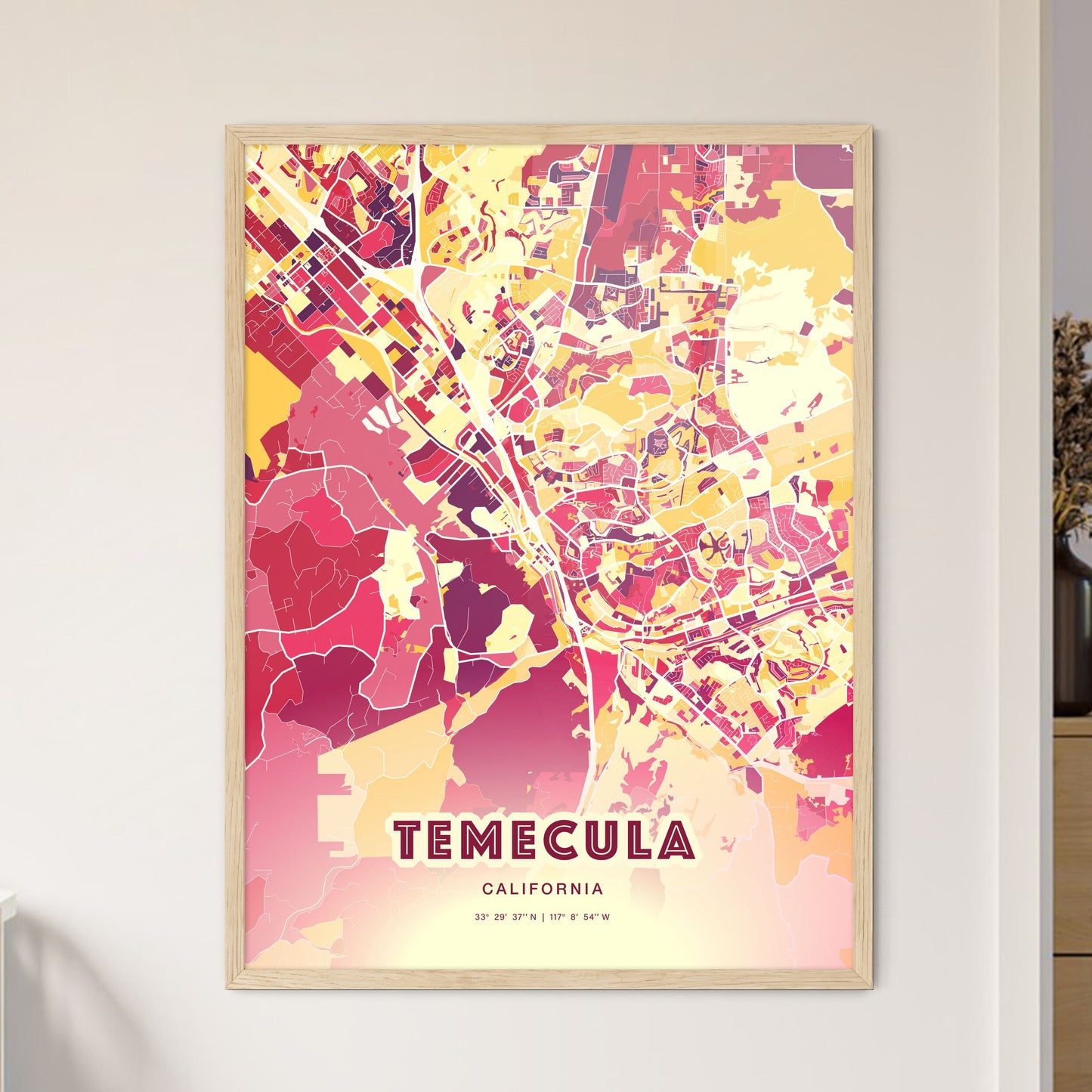 Colorful Temecula California Fine Art Map Hot Red
