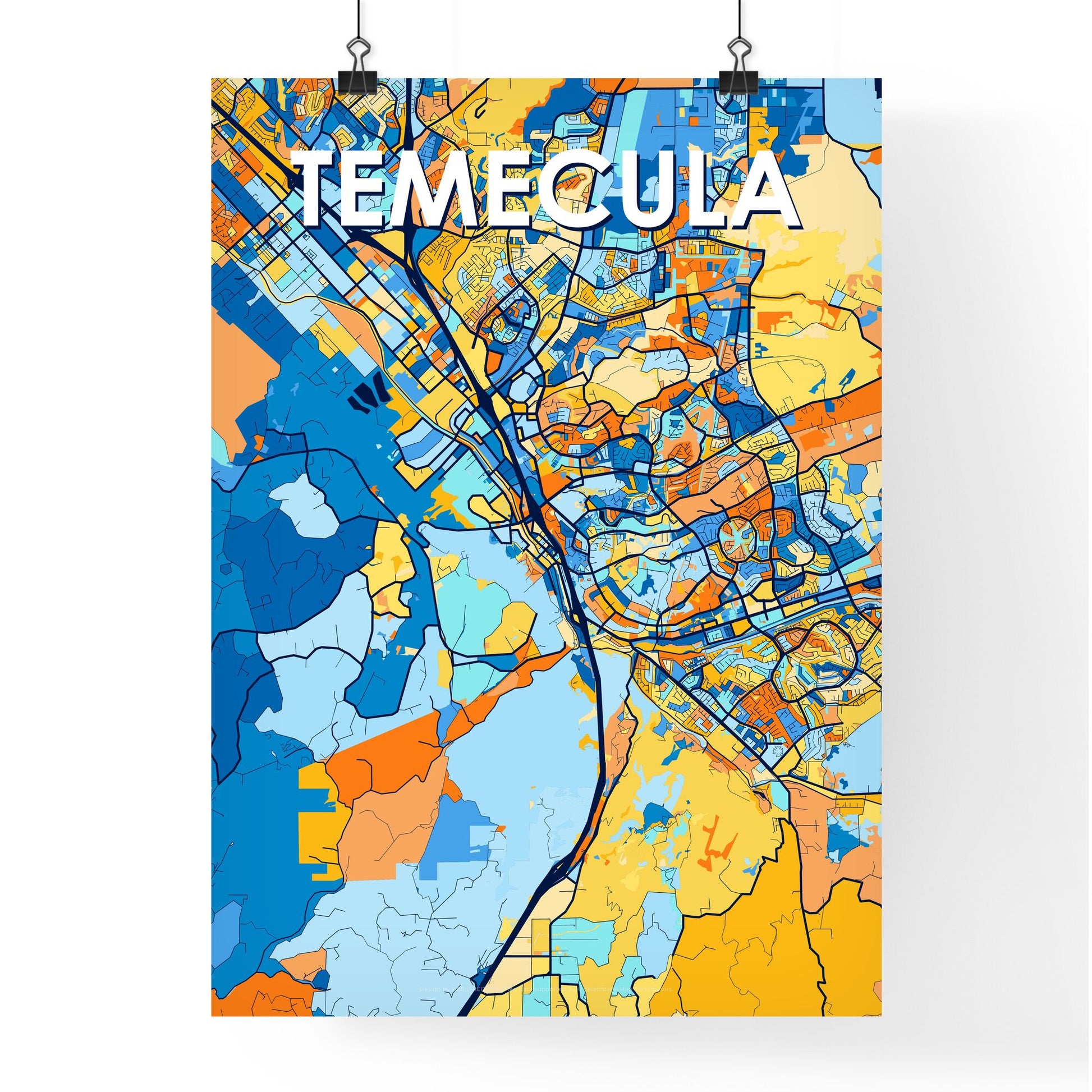 TEMECULA CALIFORNIA Vibrant Colorful Art Map Poster Blue Orange