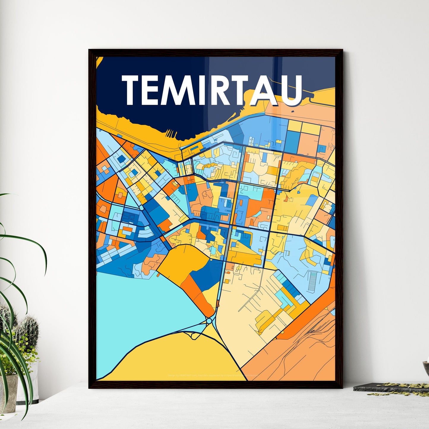 TEMIRTAU KAZAKHSTAN Vibrant Colorful Art Map Poster Blue Orange