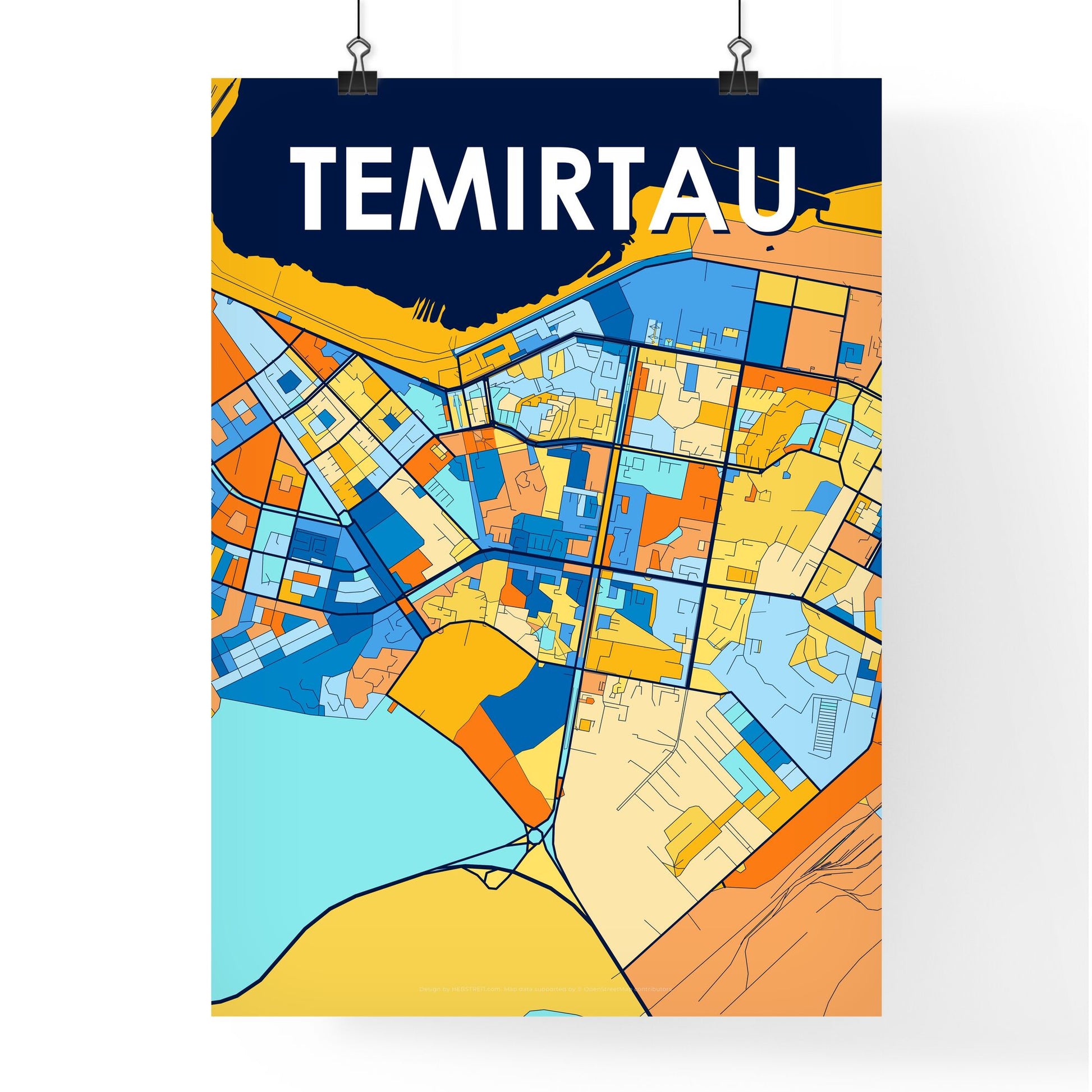 TEMIRTAU KAZAKHSTAN Vibrant Colorful Art Map Poster Blue Orange