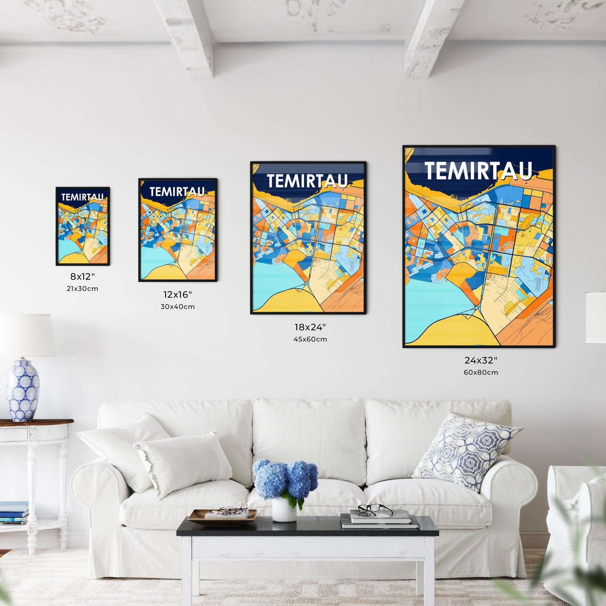 TEMIRTAU KAZAKHSTAN Vibrant Colorful Art Map Poster Blue Orange