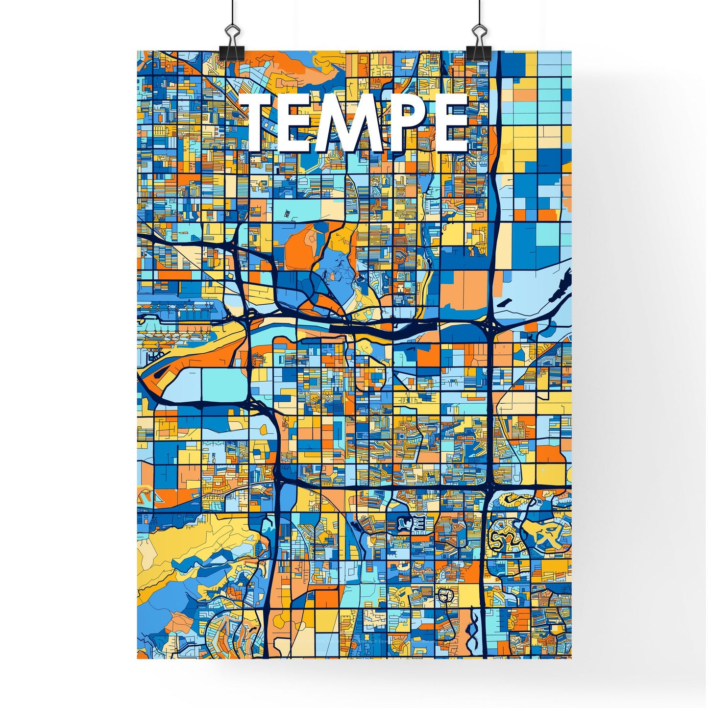 TEMPE ARIZONA Vibrant Colorful Art Map Poster Blue Orange