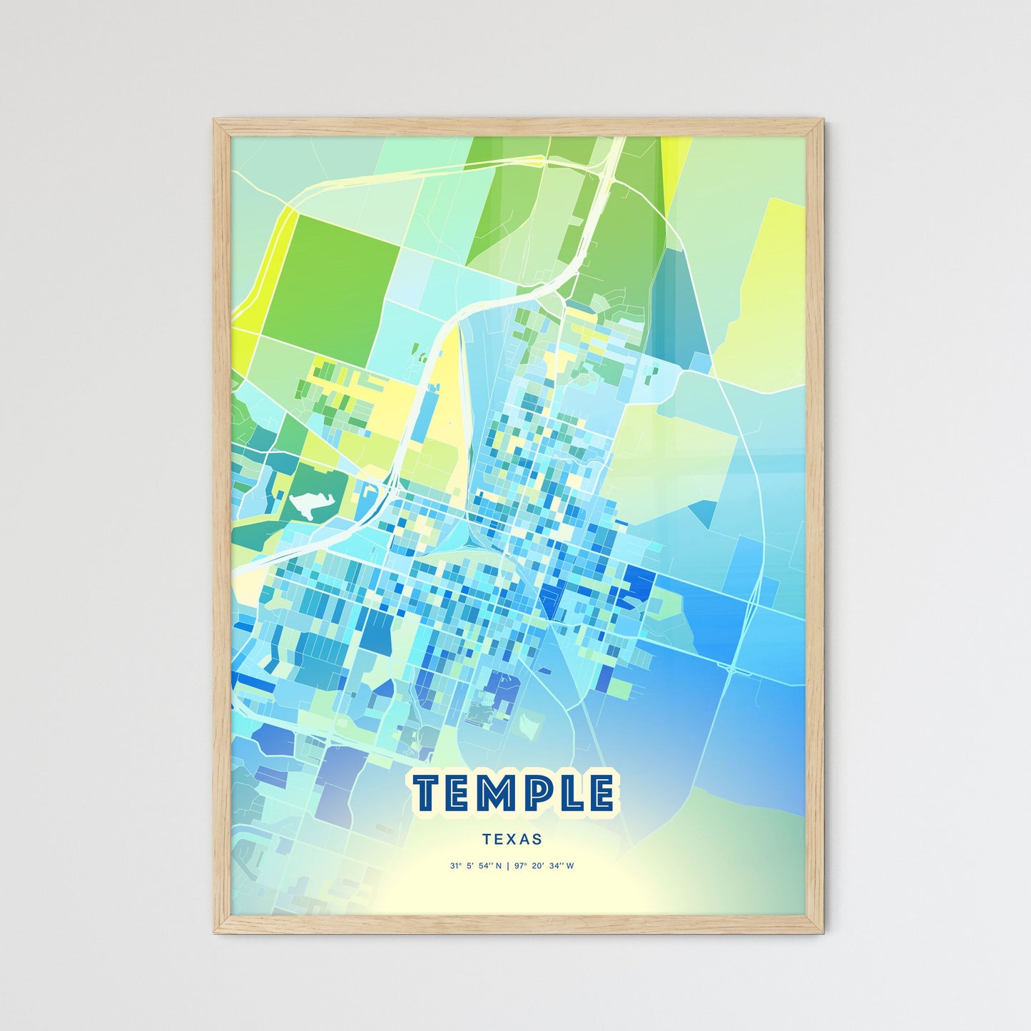 Colorful Temple Texas Fine Art Map Cool Blue