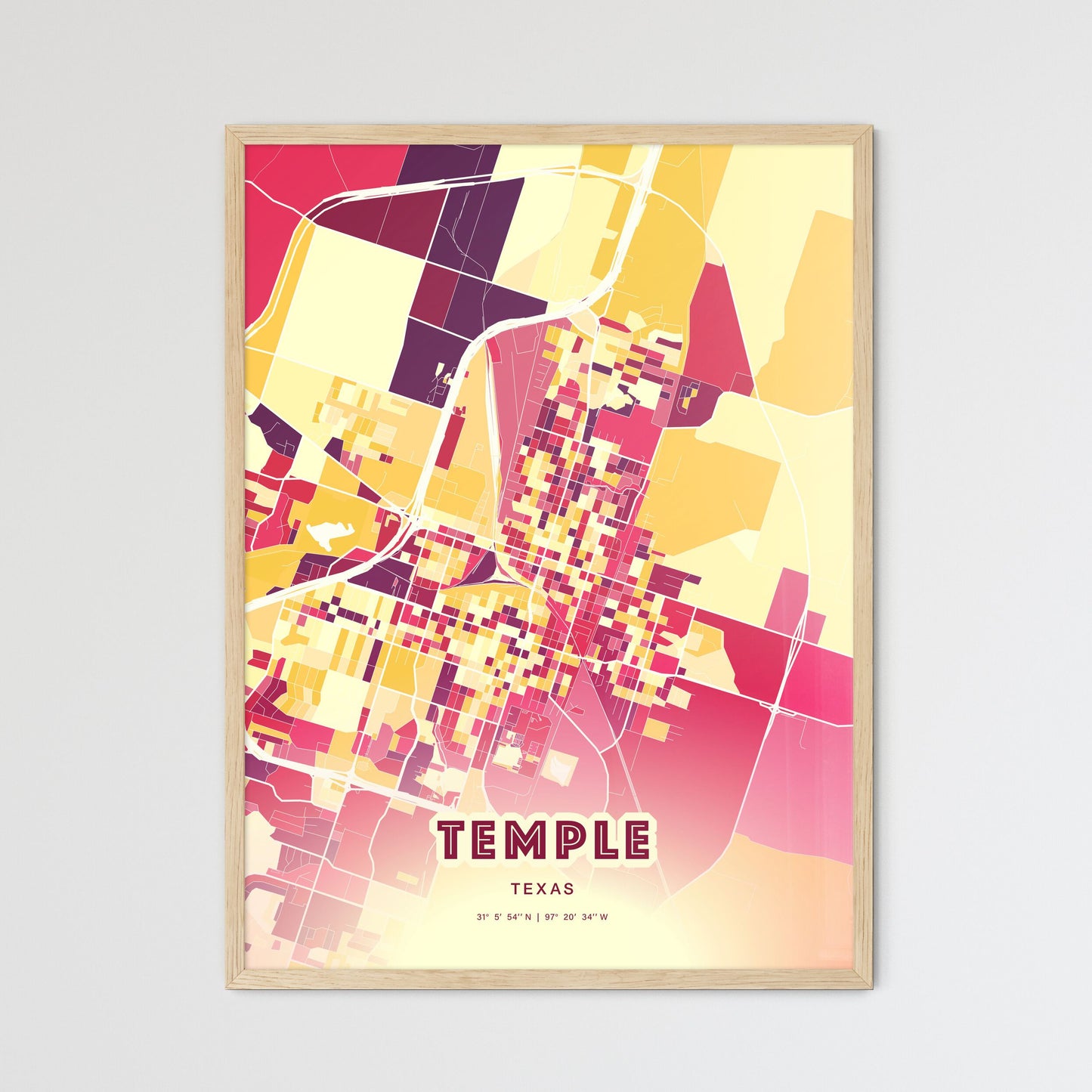 Colorful Temple Texas Fine Art Map Hot Red