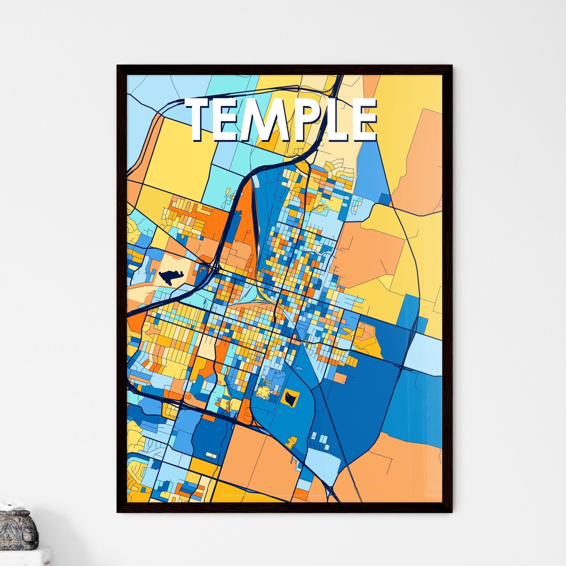 TEMPLE TEXAS Vibrant Colorful Art Map Poster Blue Orange