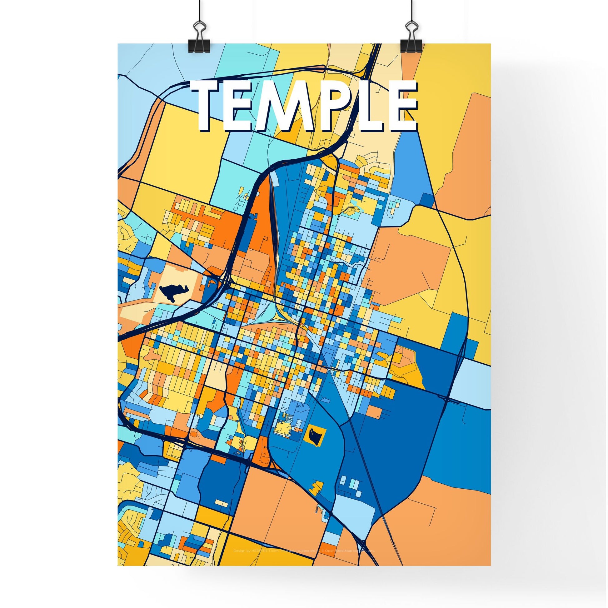 TEMPLE TEXAS Vibrant Colorful Art Map Poster Blue Orange