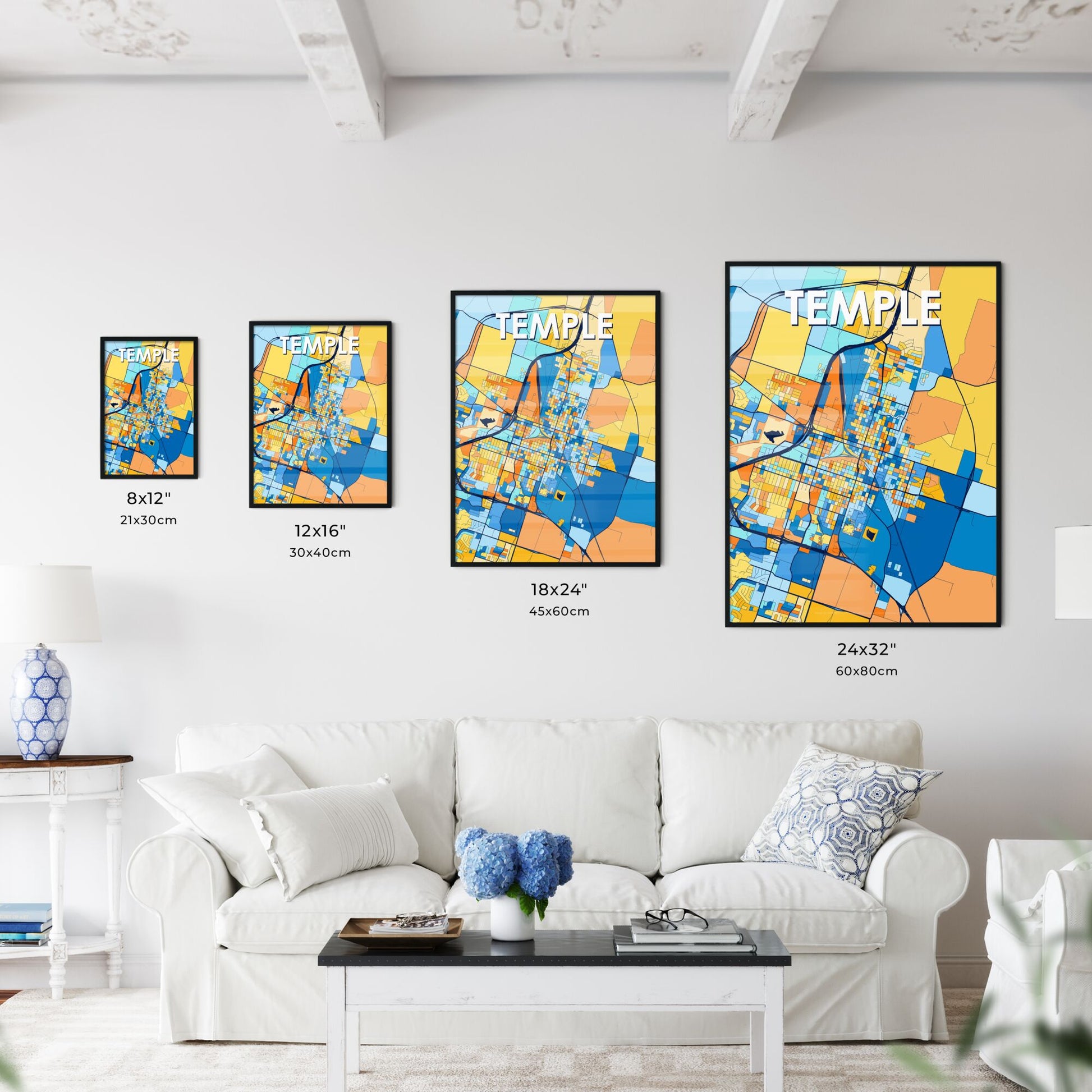 TEMPLE TEXAS Vibrant Colorful Art Map Poster Blue Orange