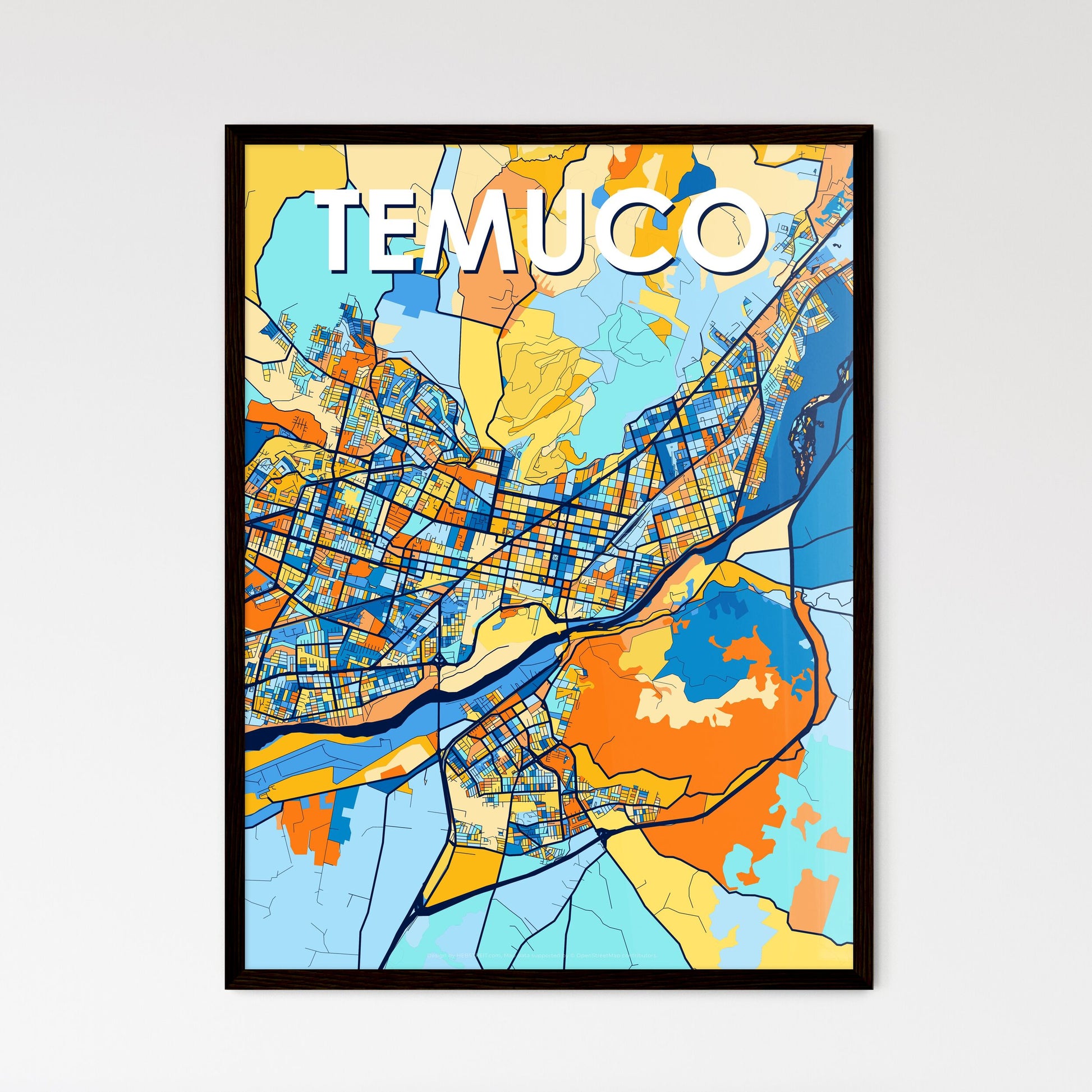 TEMUCO CHILE Vibrant Colorful Art Map Poster Blue Orange