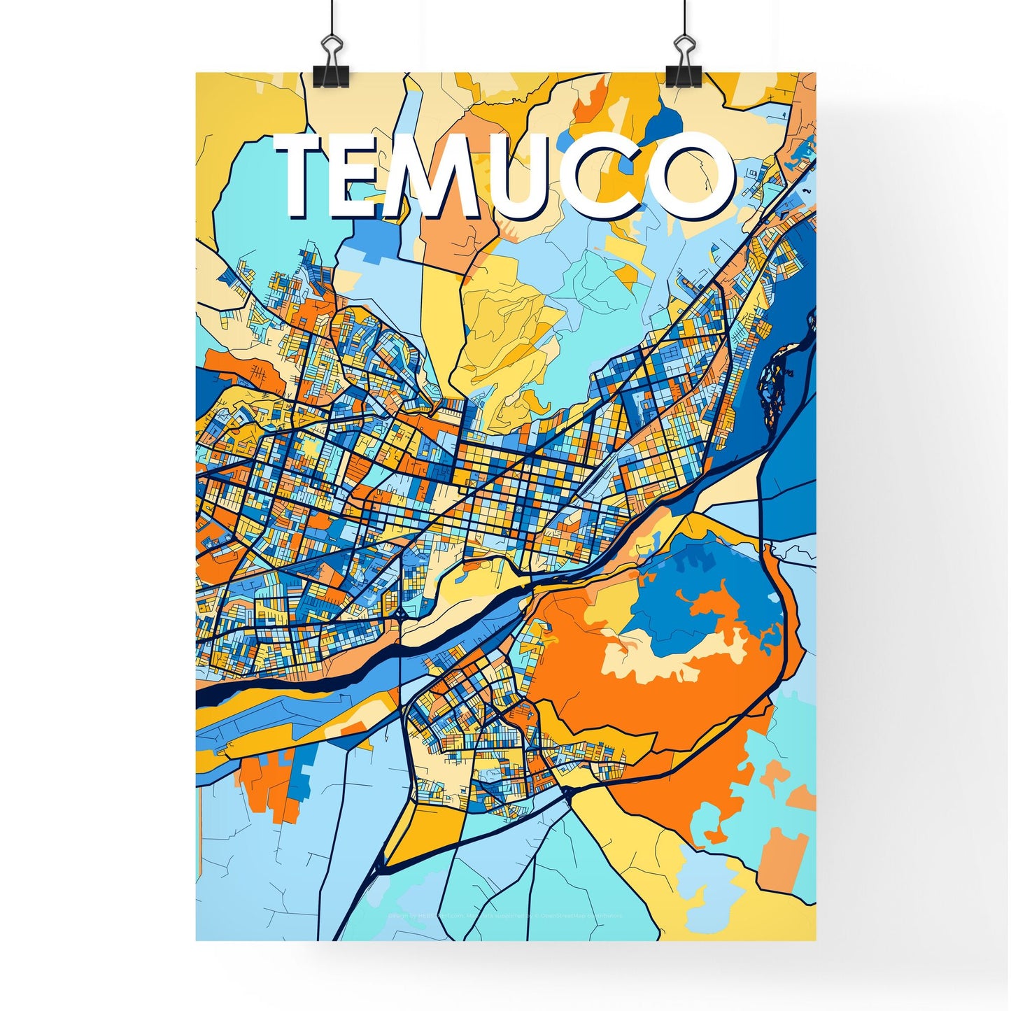 TEMUCO CHILE Vibrant Colorful Art Map Poster Blue Orange