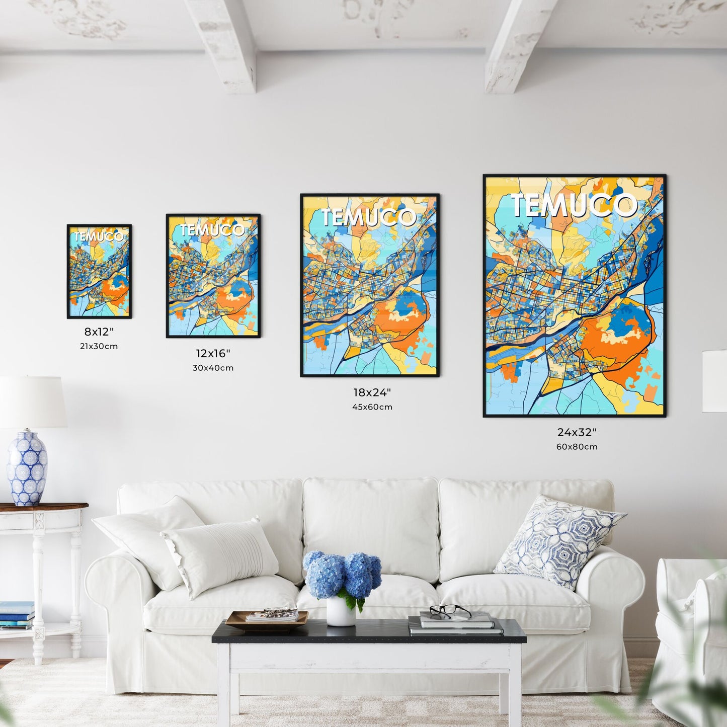 TEMUCO CHILE Vibrant Colorful Art Map Poster Blue Orange