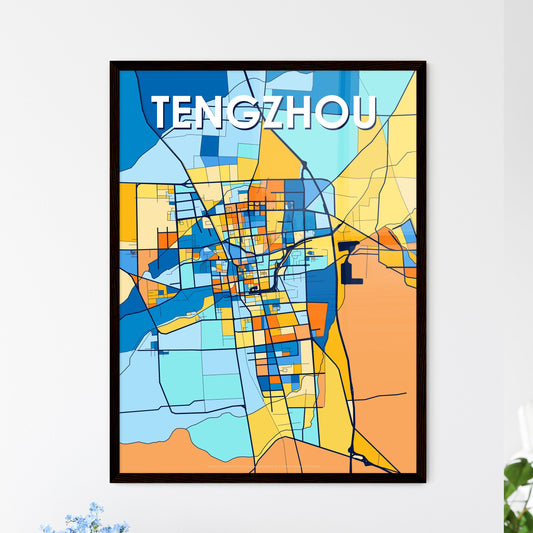 TENGZHOU CHINA Vibrant Colorful Art Map Poster Blue Orange