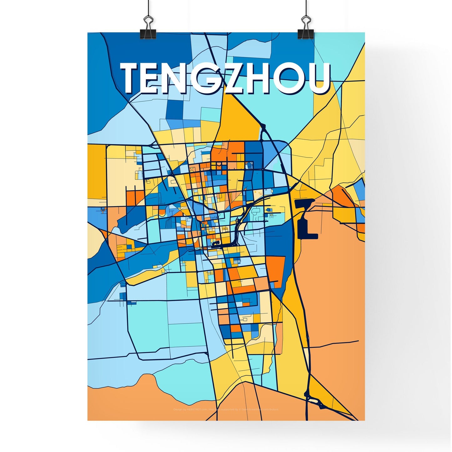 TENGZHOU CHINA Vibrant Colorful Art Map Poster Blue Orange