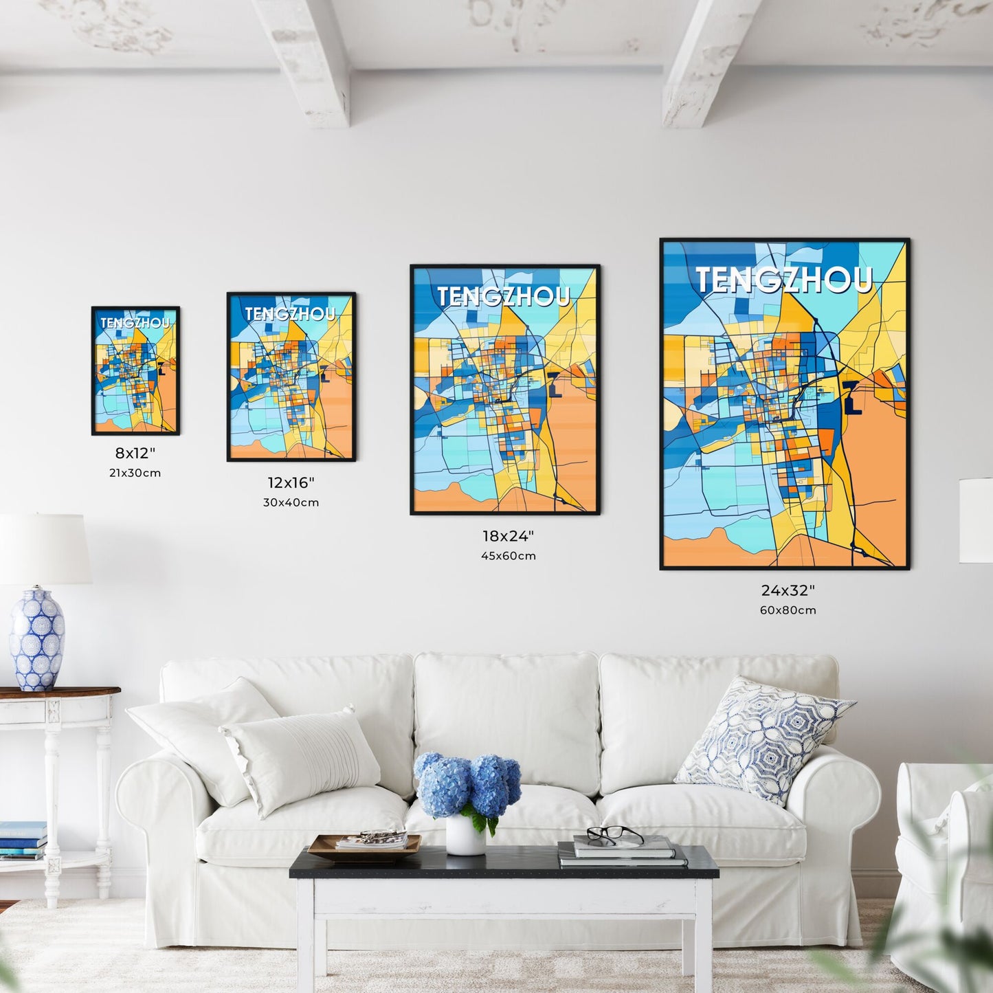 TENGZHOU CHINA Vibrant Colorful Art Map Poster Blue Orange