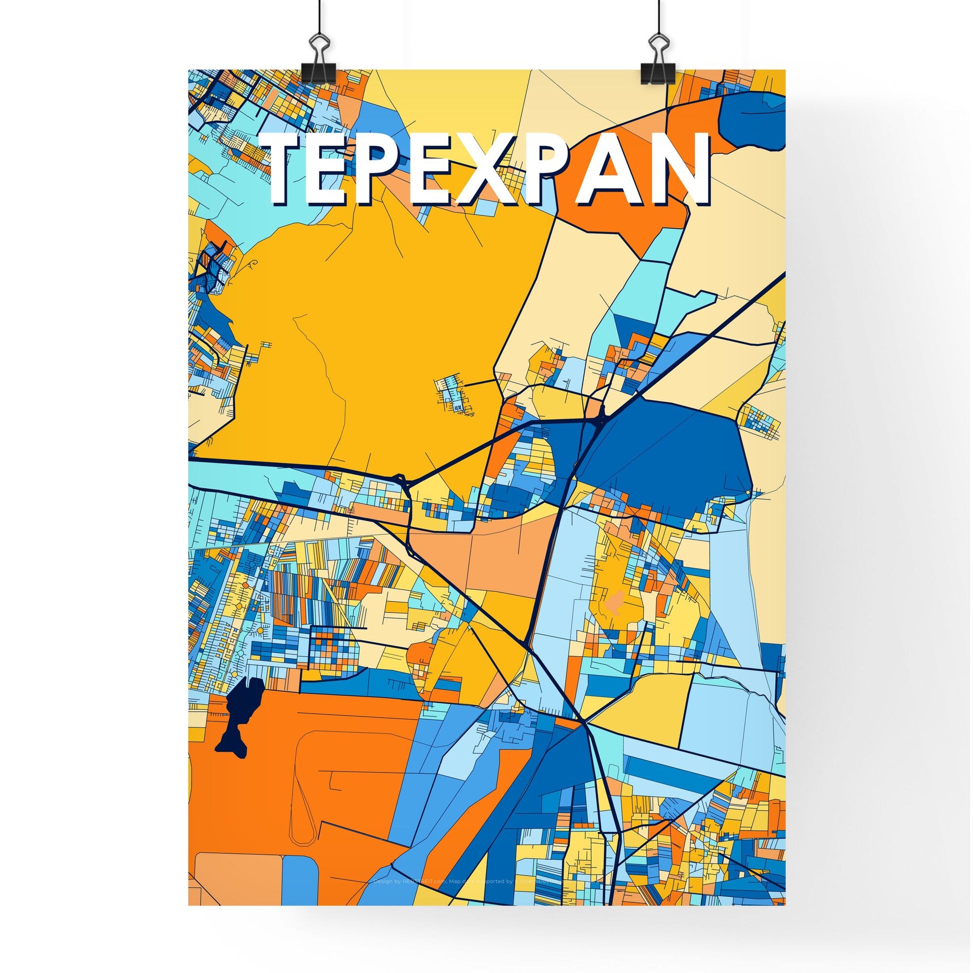 TEPEXPAN MEXICO Vibrant Colorful Art Map Poster Blue Orange