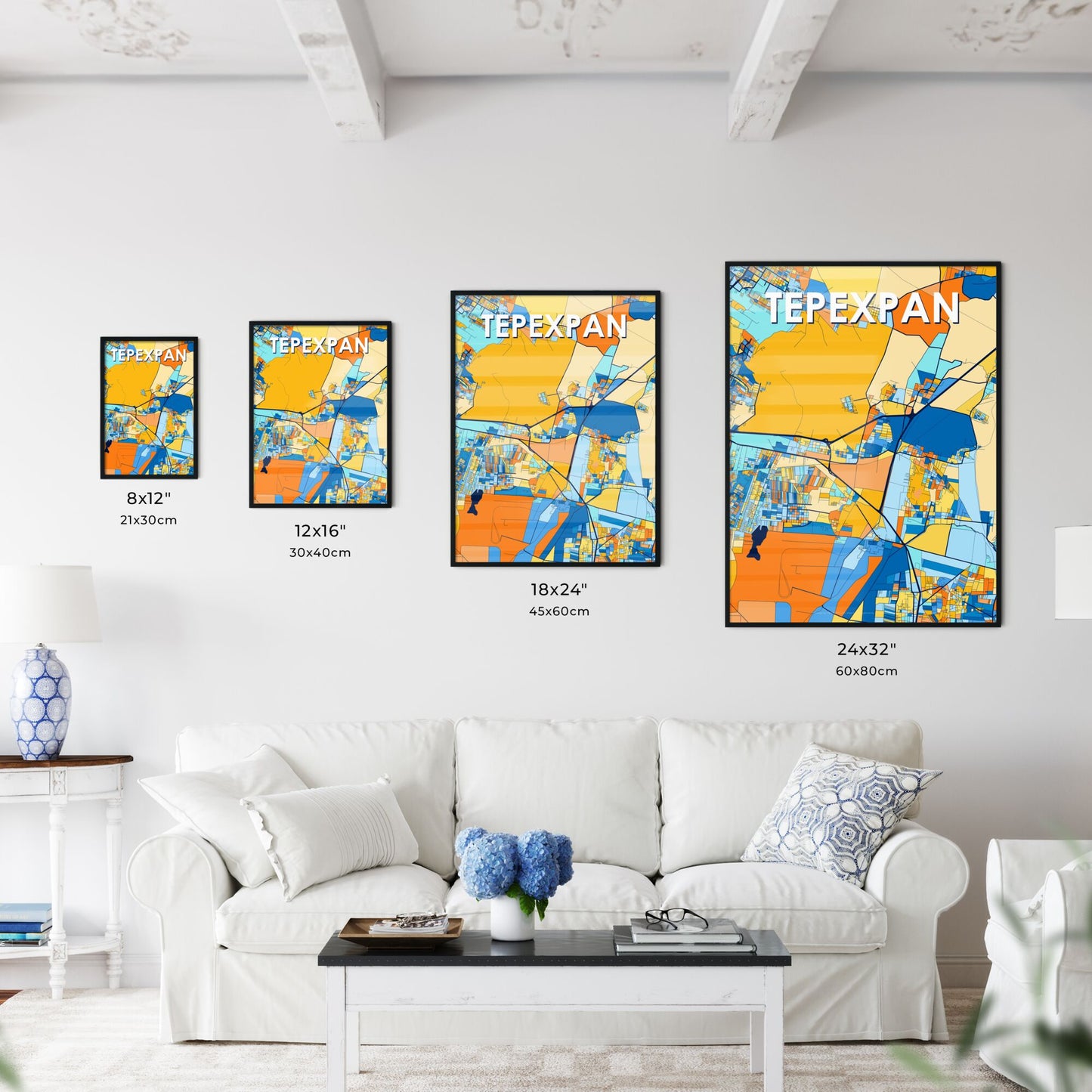 TEPEXPAN MEXICO Vibrant Colorful Art Map Poster Blue Orange