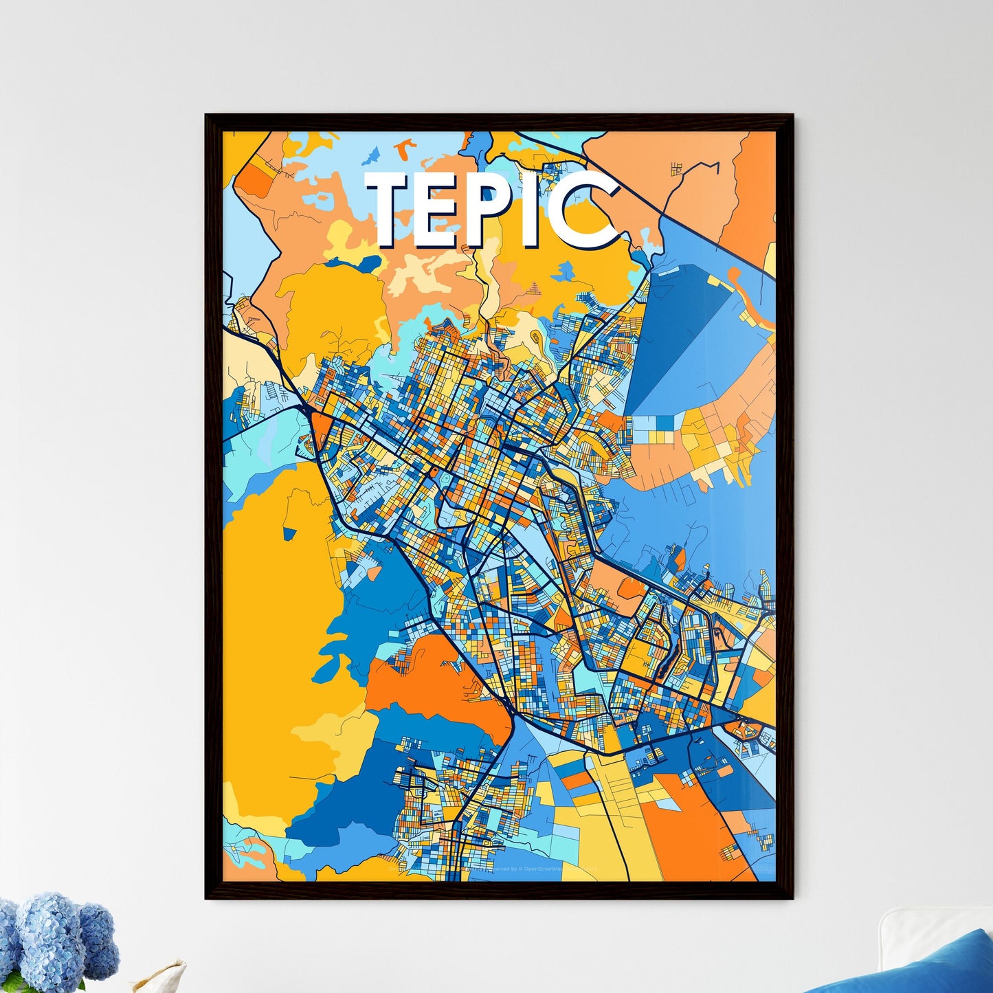 TEPIC MEXICO Vibrant Colorful Art Map Poster Blue Orange