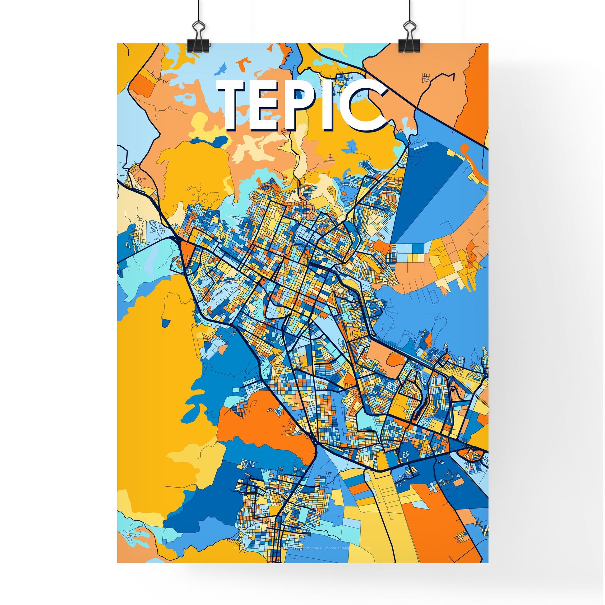 TEPIC MEXICO Vibrant Colorful Art Map Poster Blue Orange