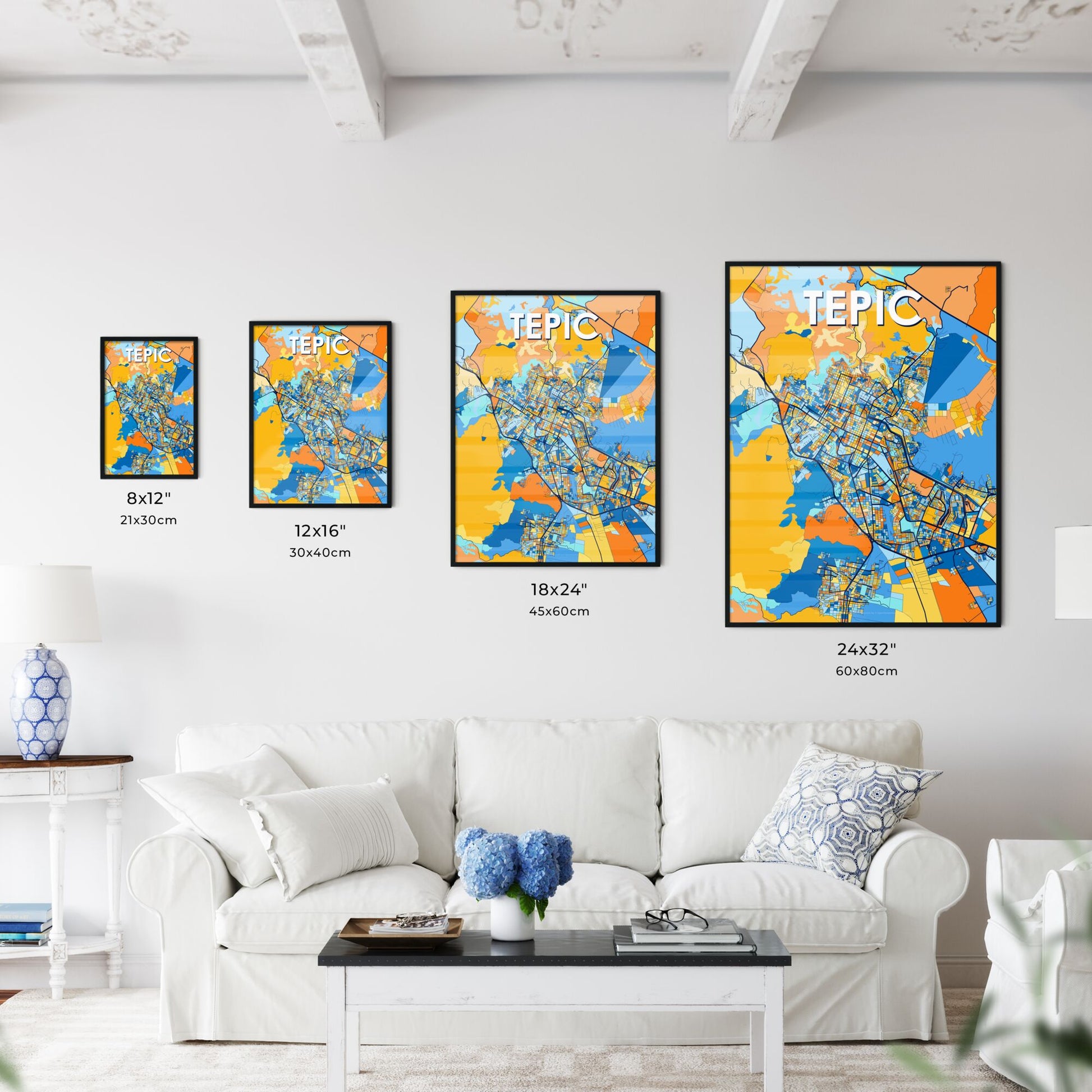 TEPIC MEXICO Vibrant Colorful Art Map Poster Blue Orange