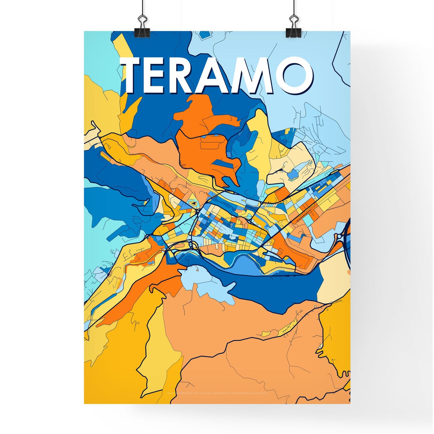 TERAMO ITALY Vibrant Colorful Art Map Poster Blue Orange