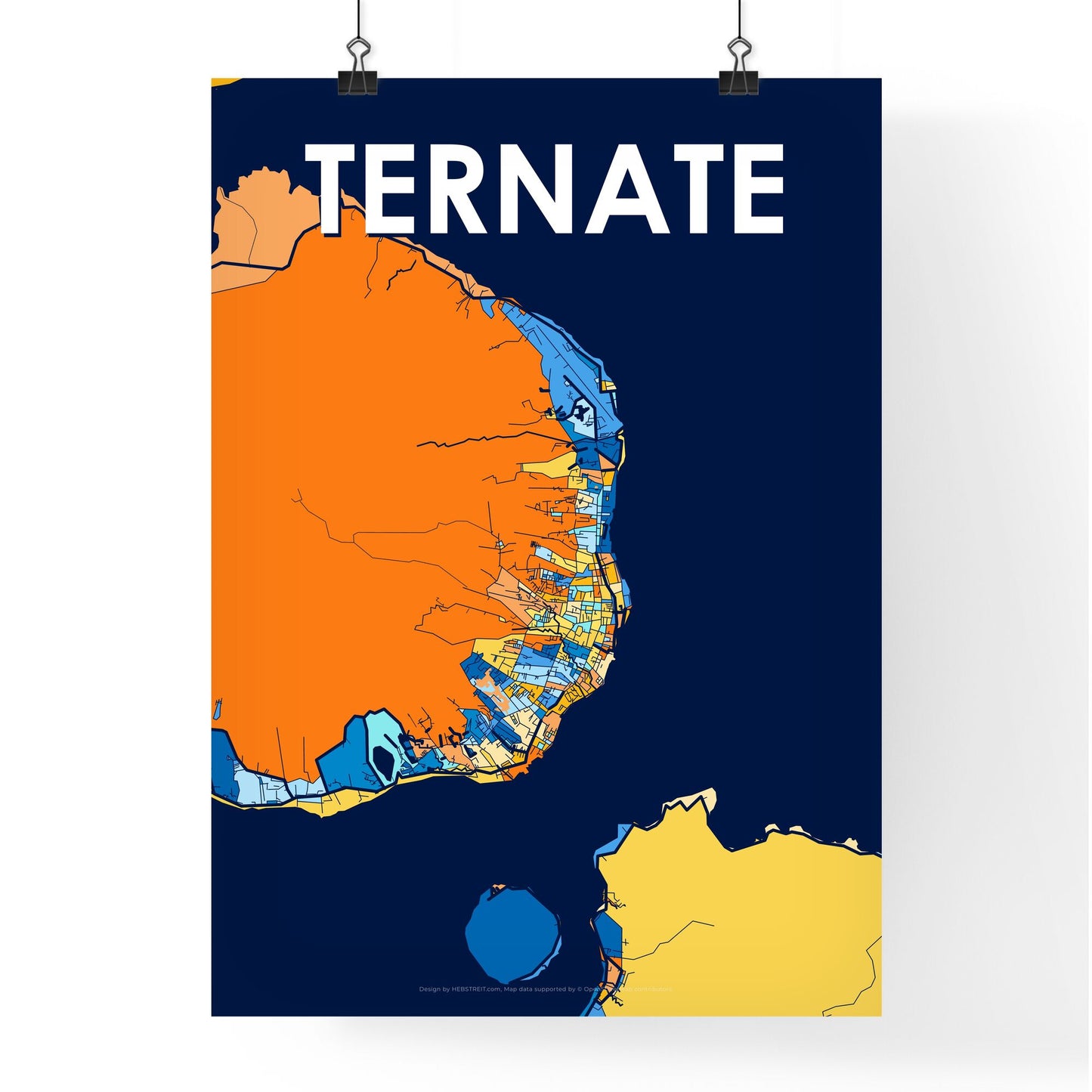 TERNATE INDONESIA Vibrant Colorful Art Map Poster Blue Orange