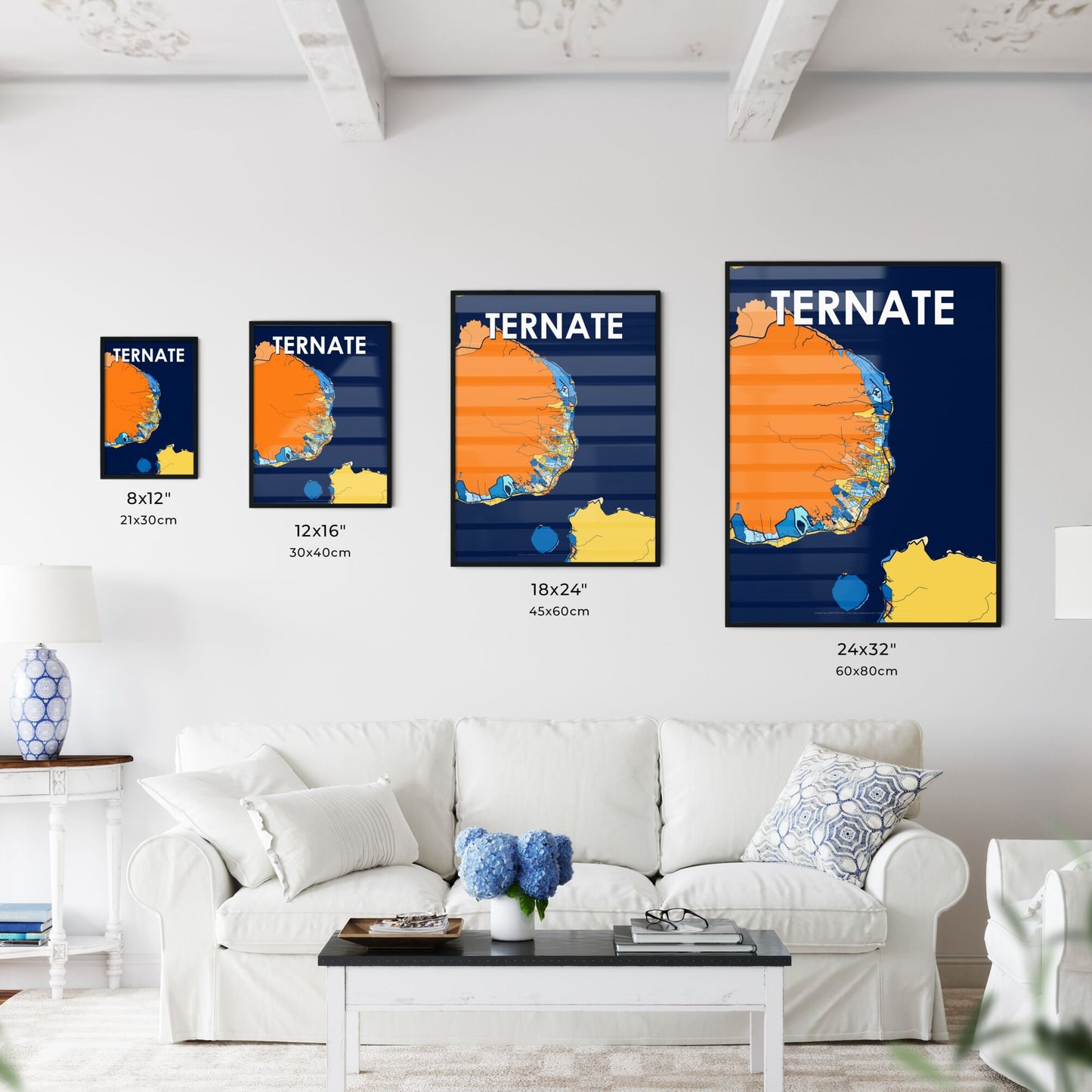 TERNATE INDONESIA Vibrant Colorful Art Map Poster Blue Orange