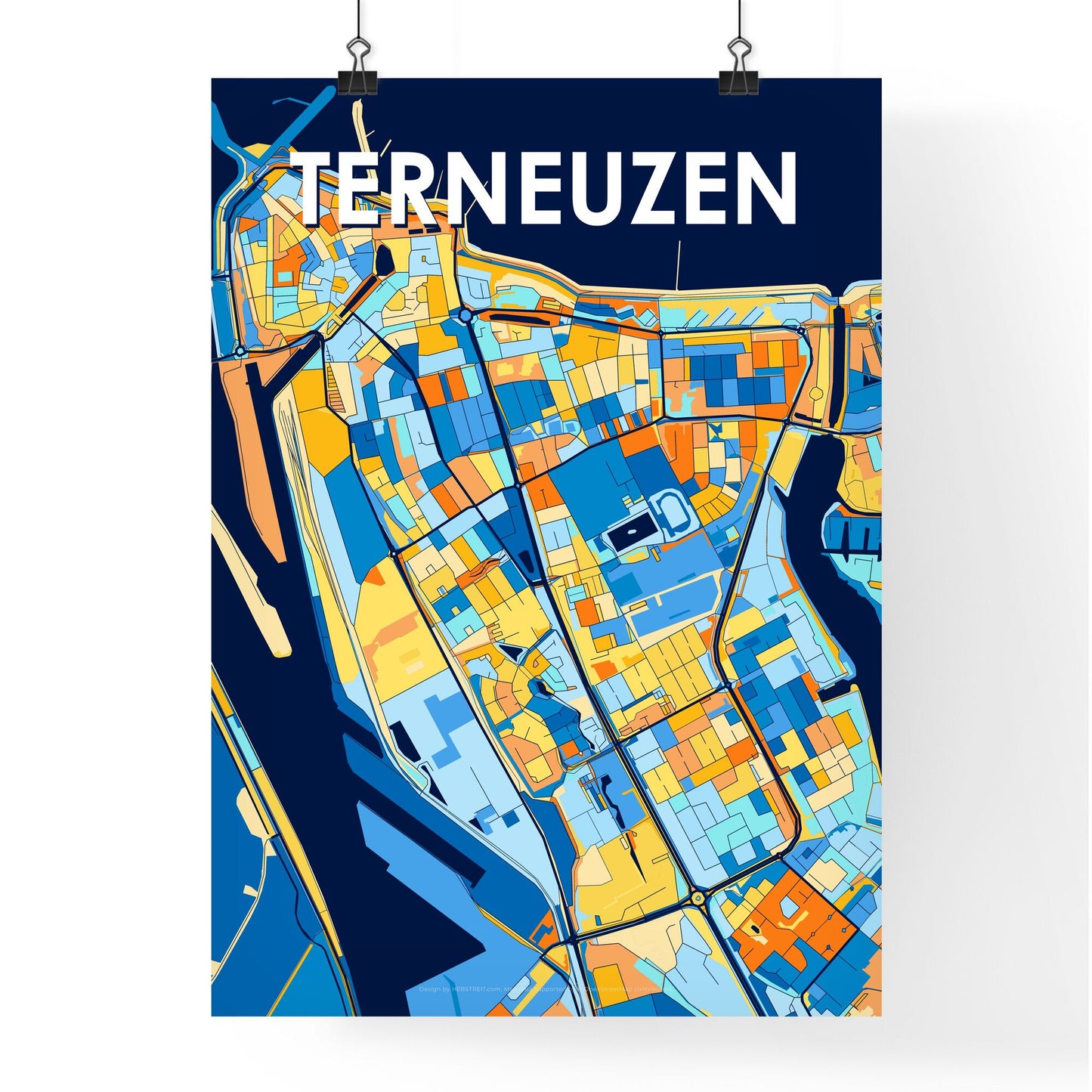 TERNEUZEN NETHERLANDS Vibrant Colorful Art Map Poster Blue Orange