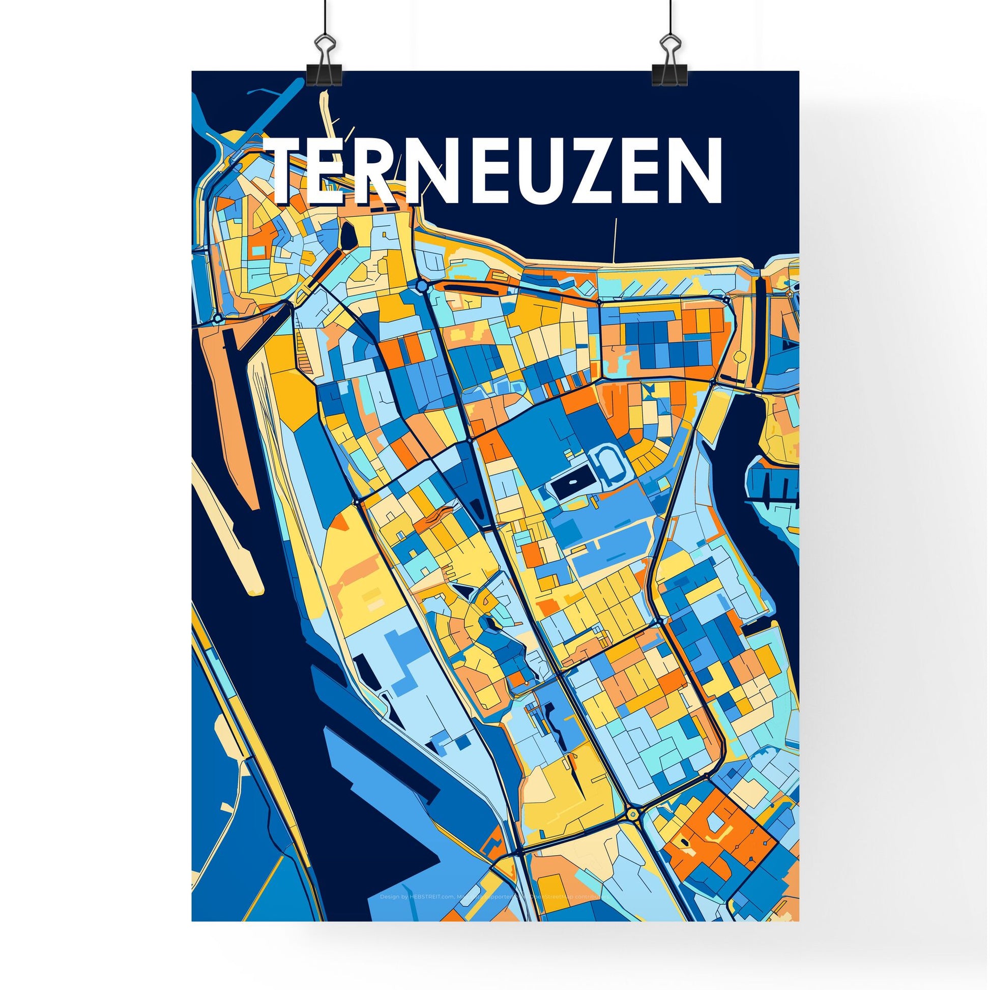 TERNEUZEN NETHERLANDS Vibrant Colorful Art Map Poster Blue Orange