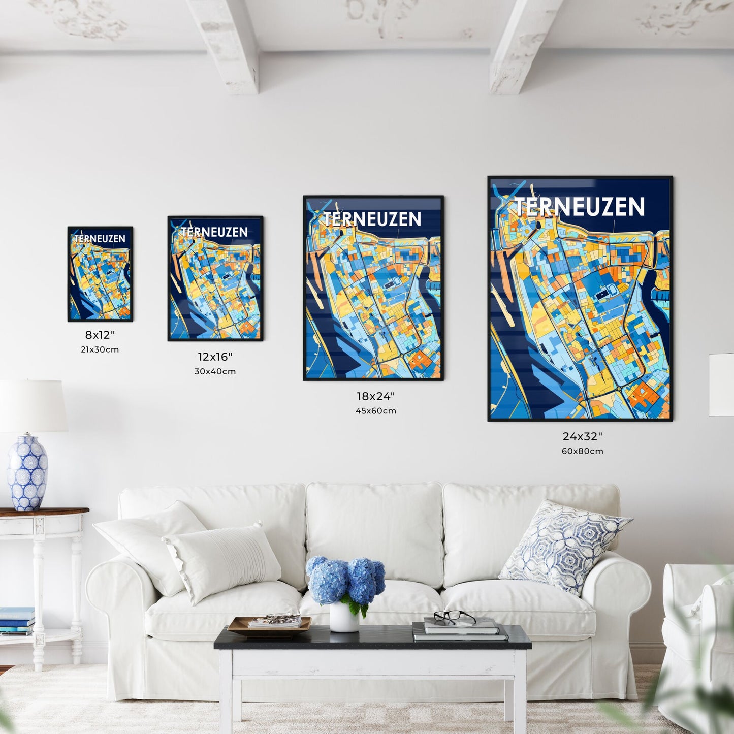 TERNEUZEN NETHERLANDS Vibrant Colorful Art Map Poster Blue Orange