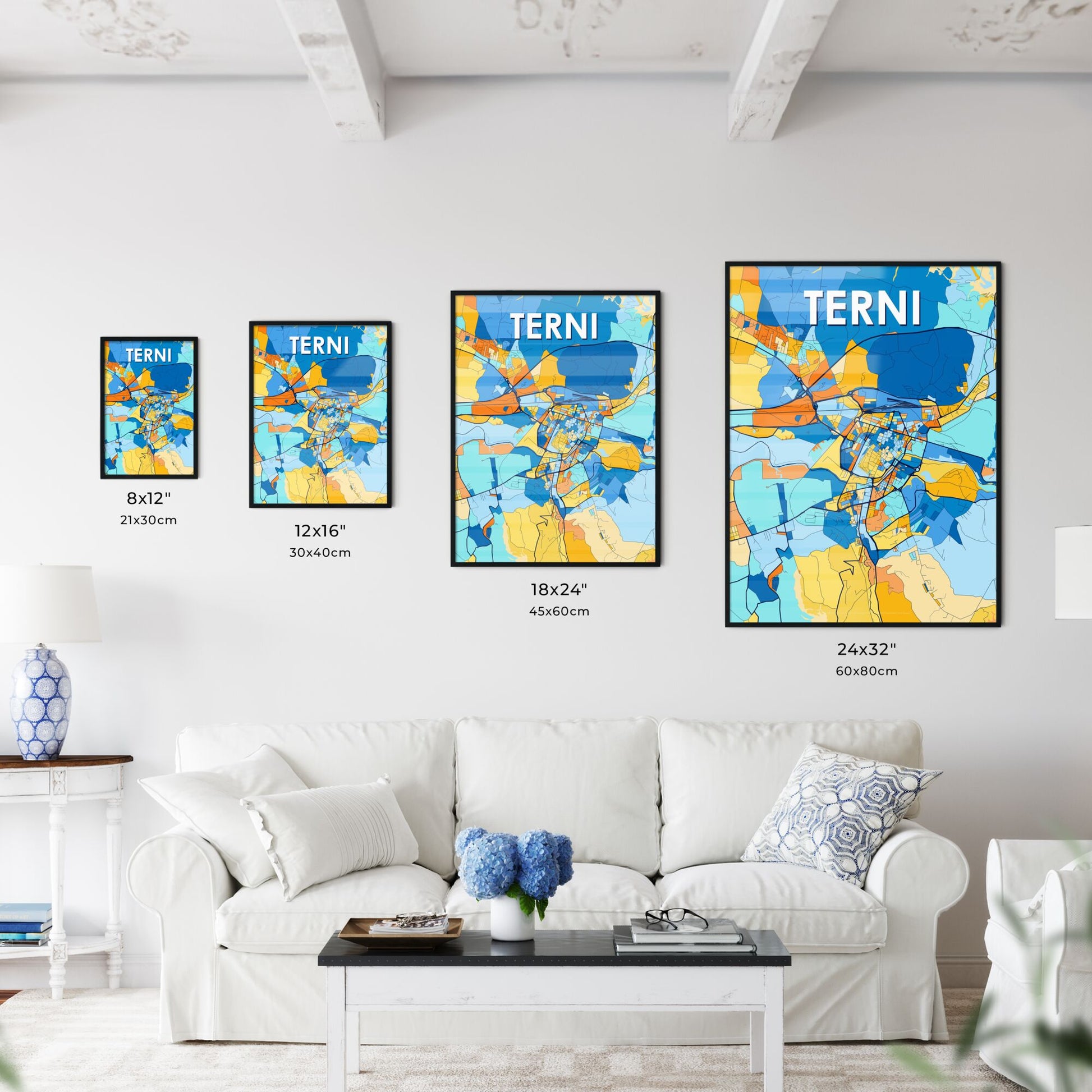 TERNI ITALY Vibrant Colorful Art Map Poster Blue Orange