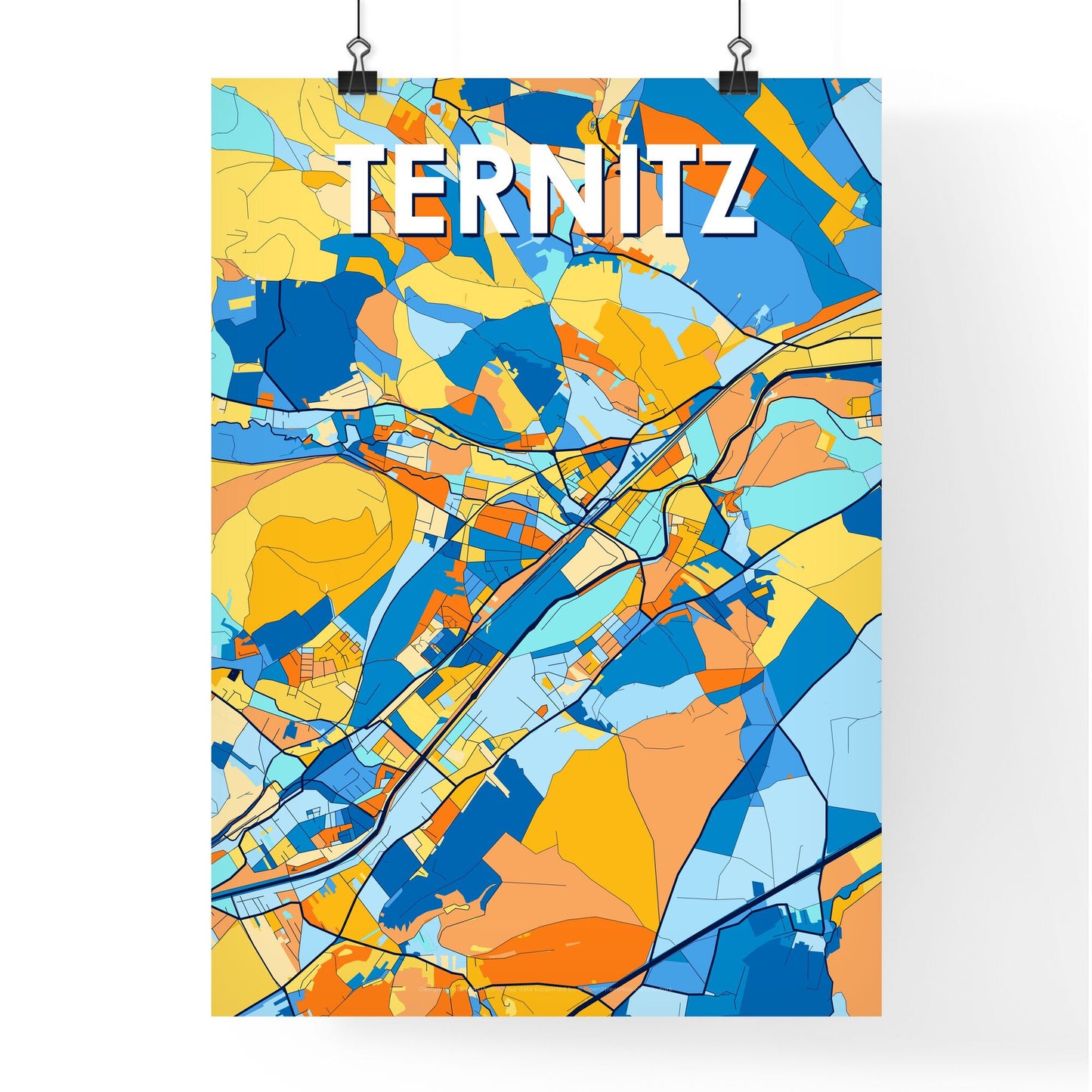 TERNITZ AUSTRIA Vibrant Colorful Art Map Poster Blue Orange