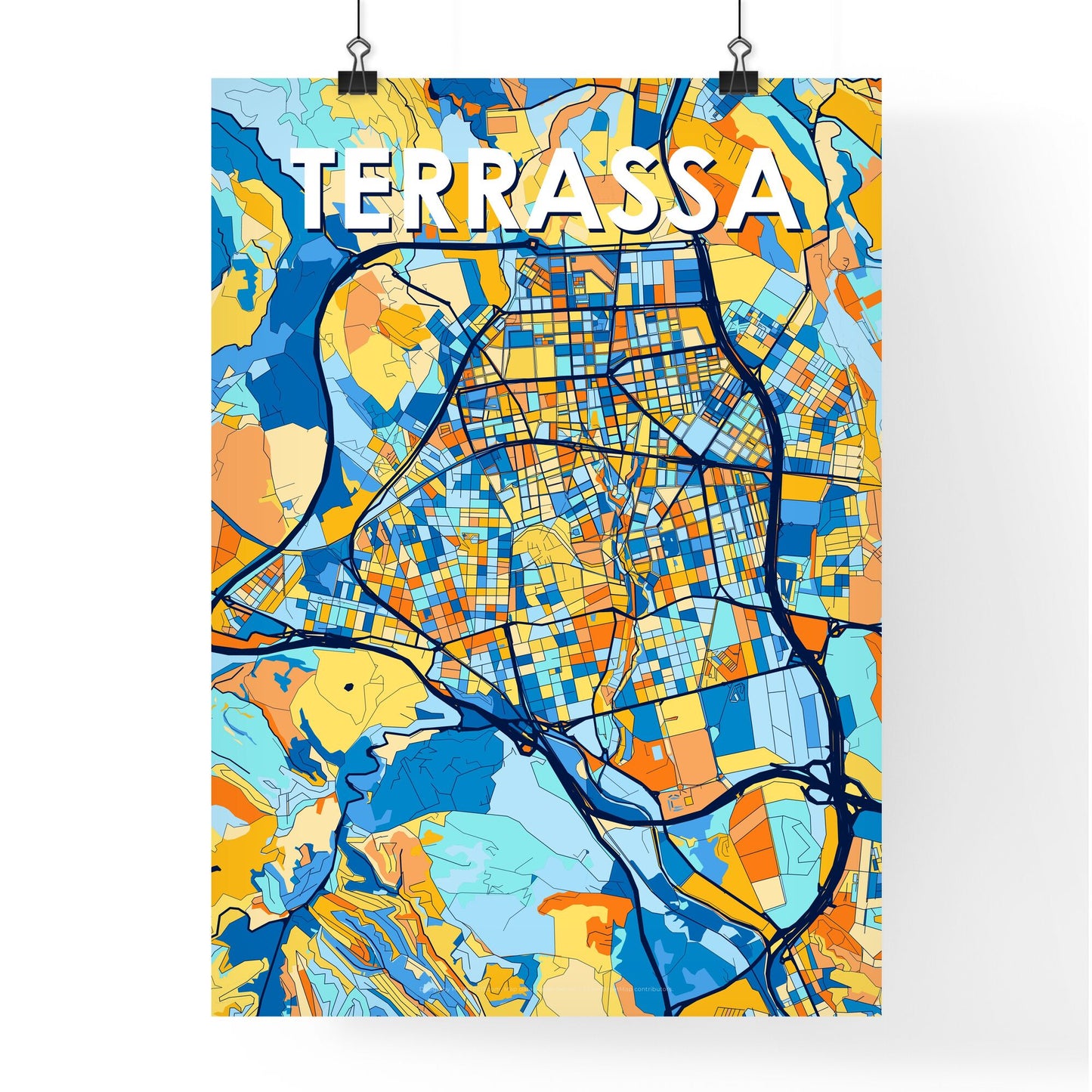 TERRASSA SPAIN Vibrant Colorful Art Map Poster Blue Orange