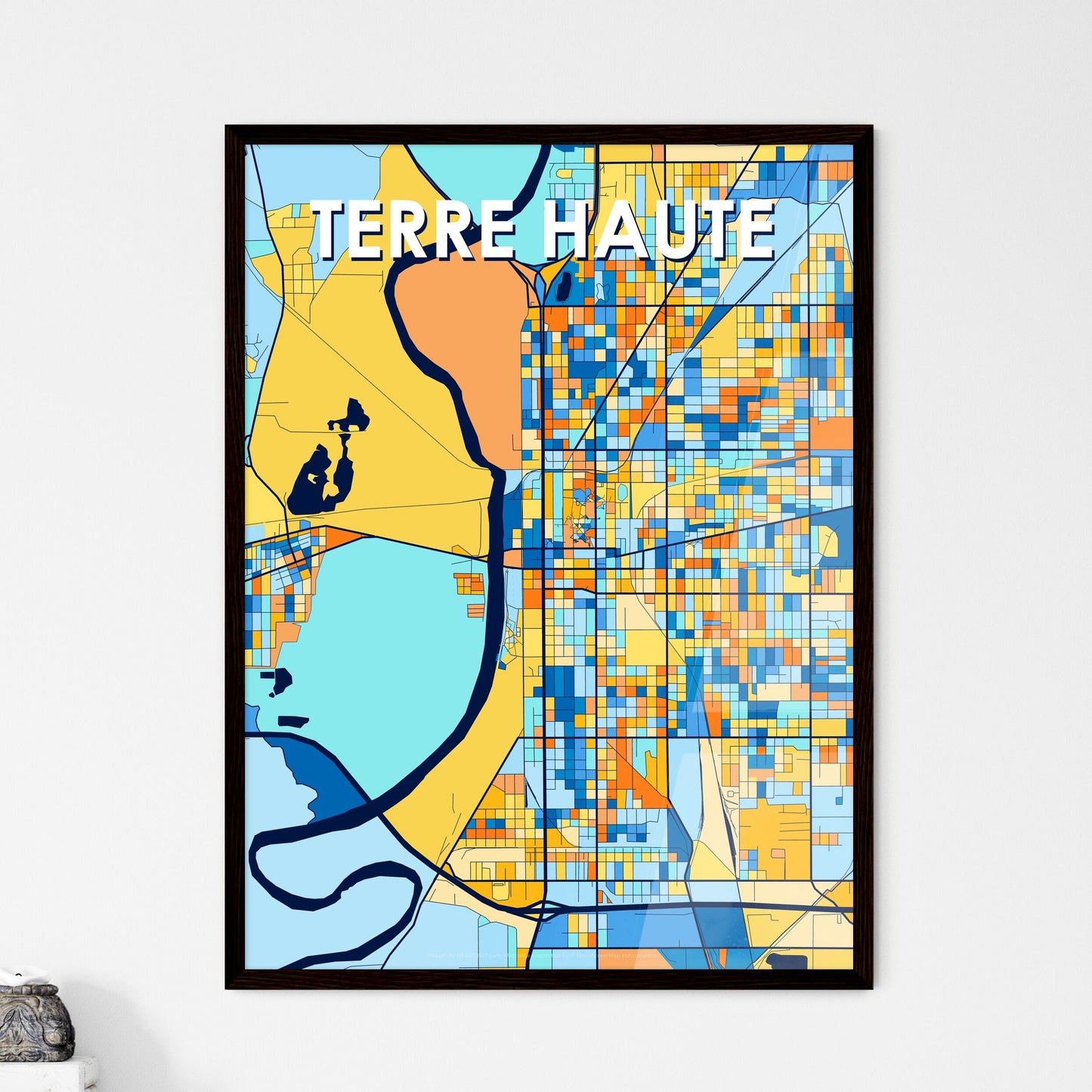 TERRE HAUTE INDIANA Vibrant Colorful Art Map Poster Blue Orange