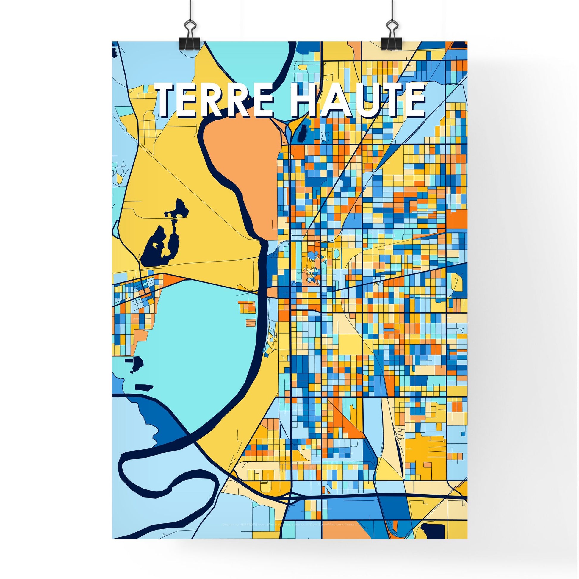 TERRE HAUTE INDIANA Vibrant Colorful Art Map Poster Blue Orange